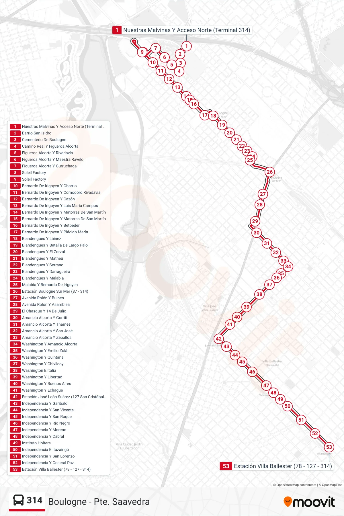 314 bus Line (C: Carrefour - Boulogne - J.L. Suarez - Villa Ballester (Azul)) route and stops on a map