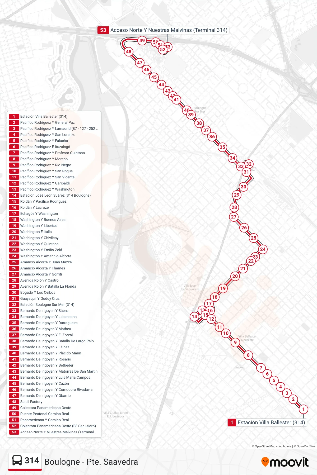 314 Colectivo Line (C: Villa Ballester - J.L. Suarez - Boulogne - Carrefour (Azul)) route and stops on a map