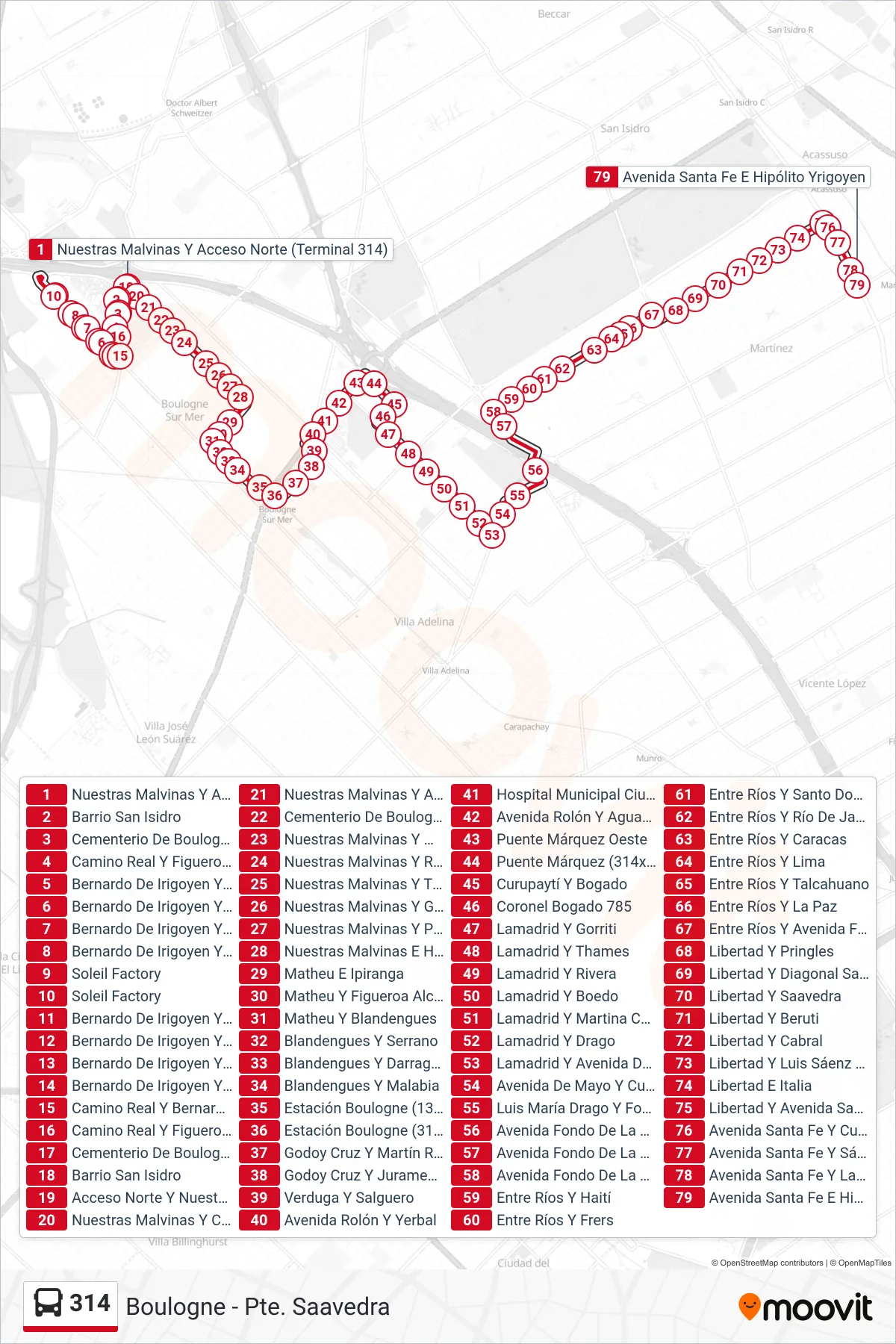 314 Colectivo Line (D: Martínez x Lamadrid - Entre Ríos (Ex 707 / Verde)) route and stops on a map