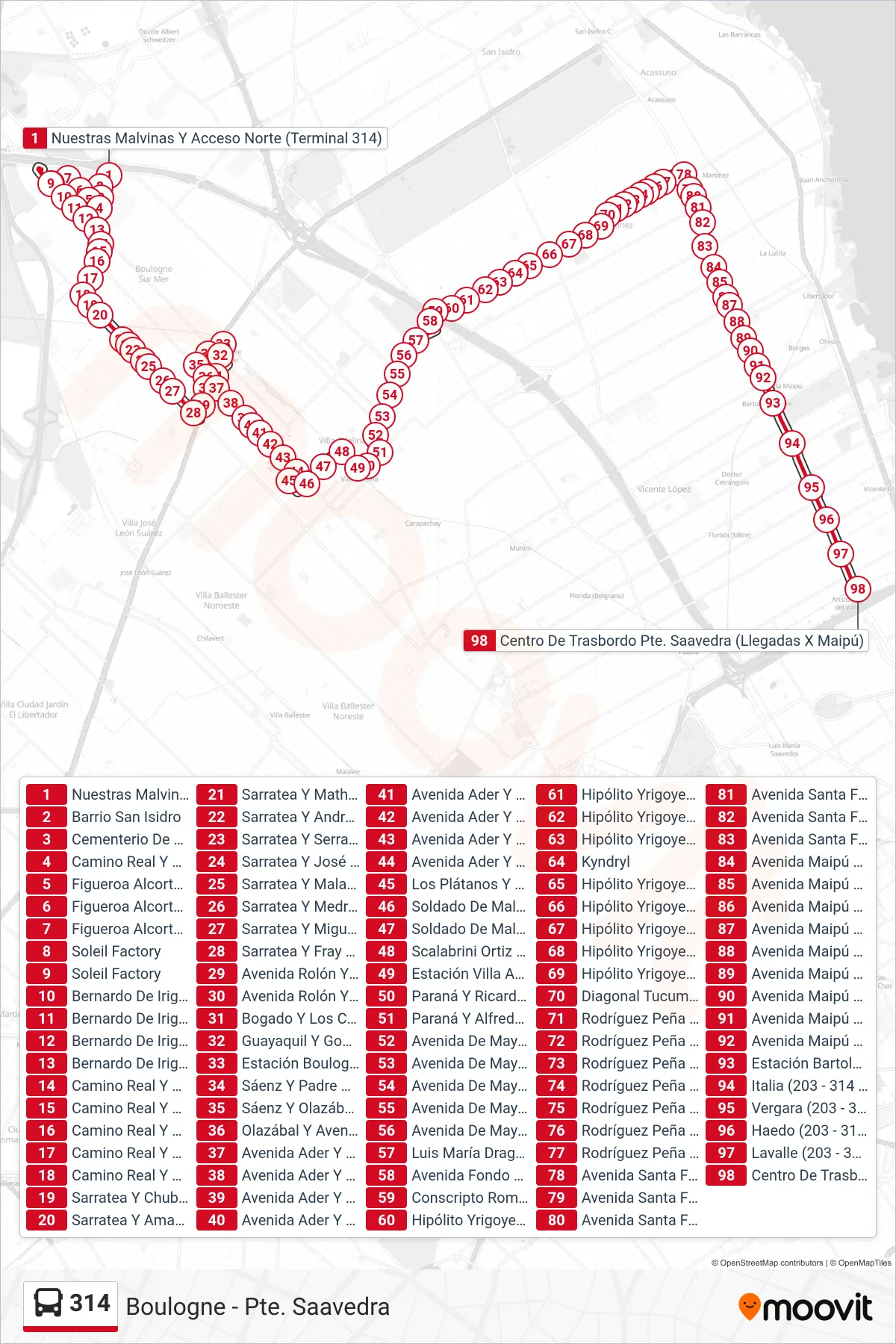 314 bus Line (A: Puente Saavedra (Rojo / Blanco)) route and stops on a map