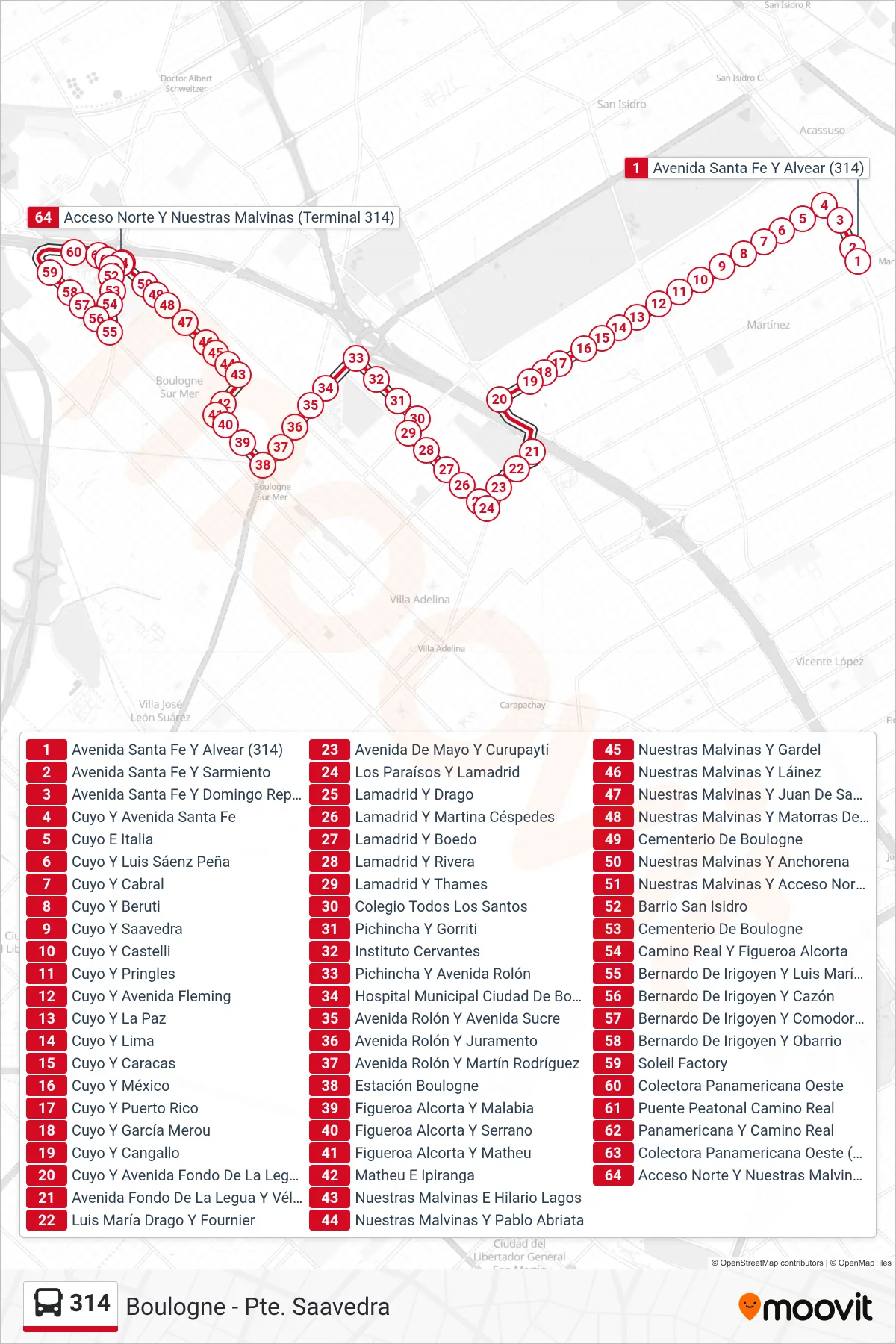 314 bus Line (D: Hospital Boulogne x Cuyo - Lamadrid (Ex 707 / Verde)) route and stops on a map