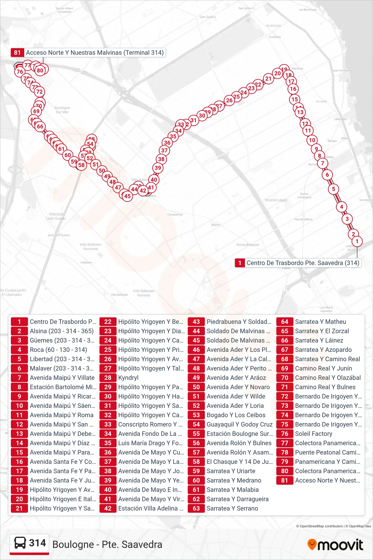 314 bus Line (A: Sarratea Carrefour (Rojo)) route and stops on a map