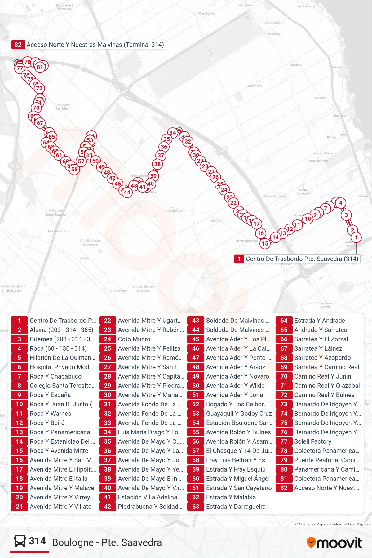 314 Colectivo Line (B: Sarratea Carrefour x Munro - V. Hidalgo (Amarillo)) route and stops on a map