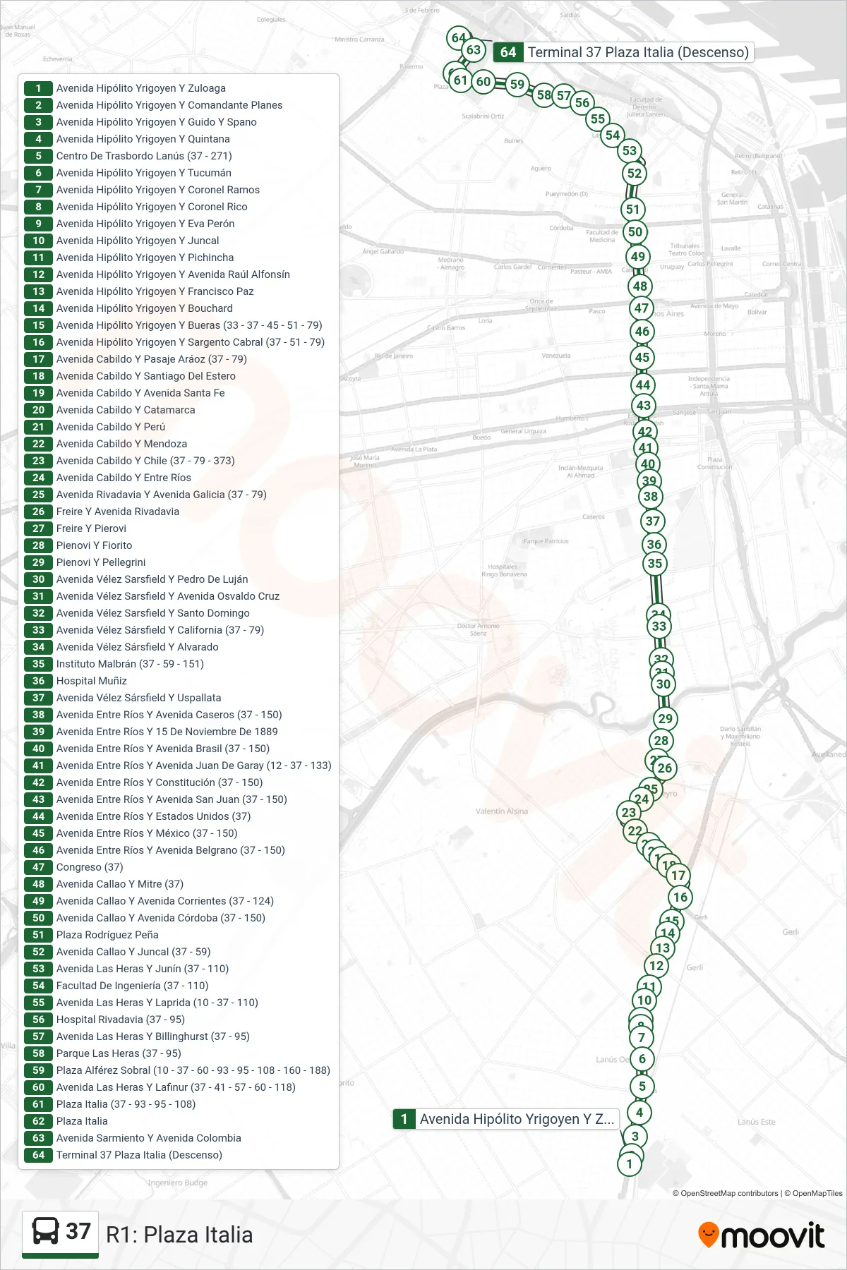 37 Colectivo Line (R1: Plaza Italia) route and stops on a map