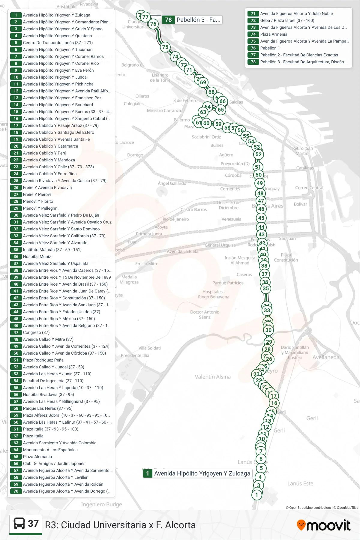 37 bus Line (R3: Ciudad Universitaria x F. Alcorta) route and stops on a map