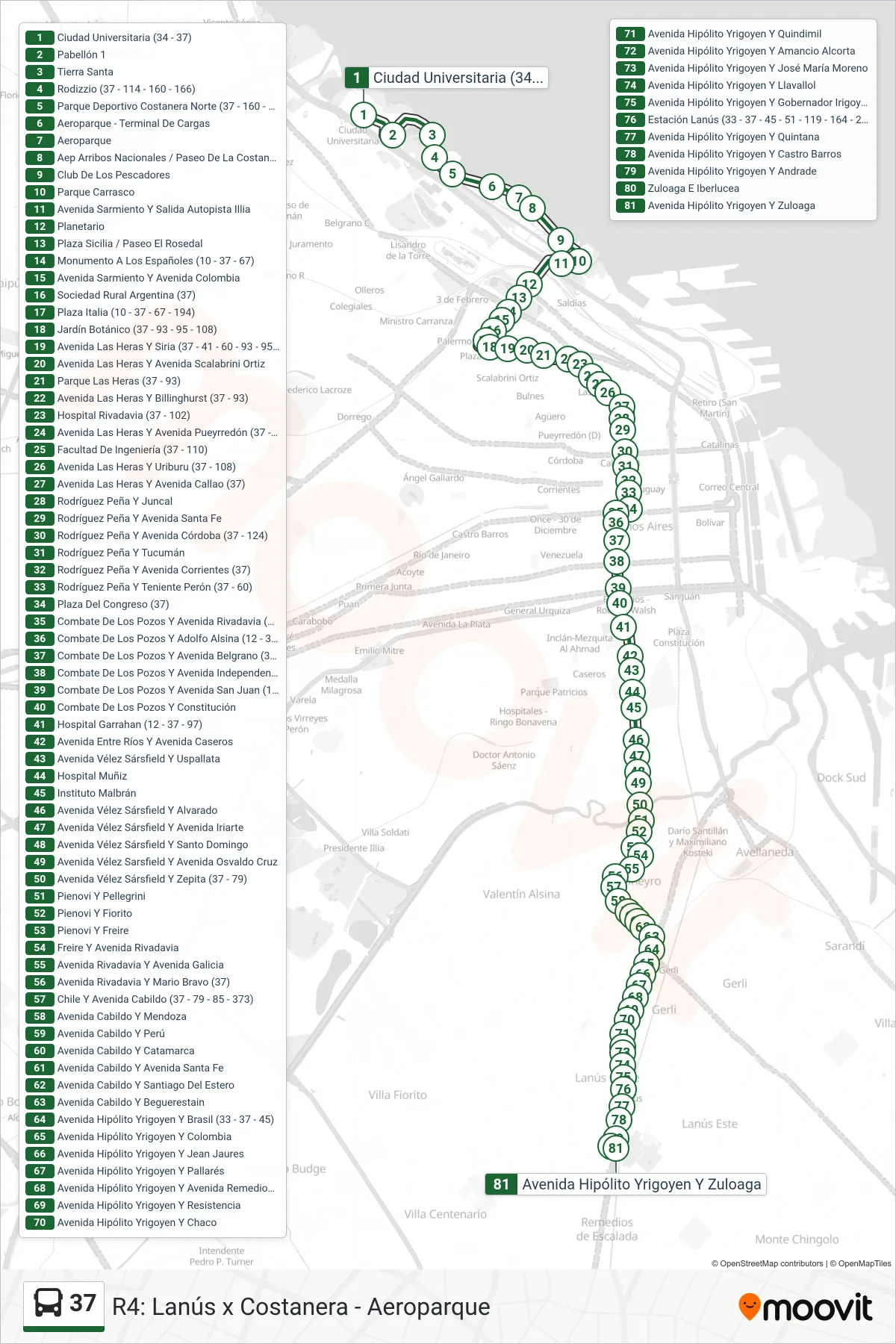 37 Colectivo Line (R4: Lanús x Costanera - Aeroparque) route and stops on a map