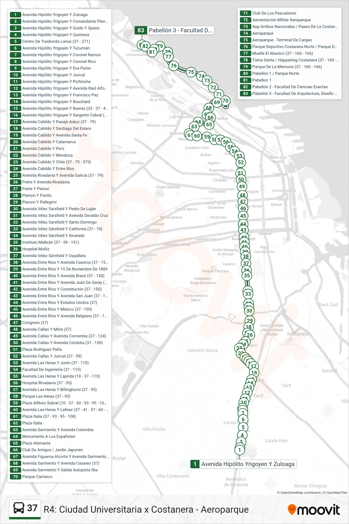 37 bus Line (R4: Ciudad Universitaria x Costanera - Aeroparque) route and stops on a map
