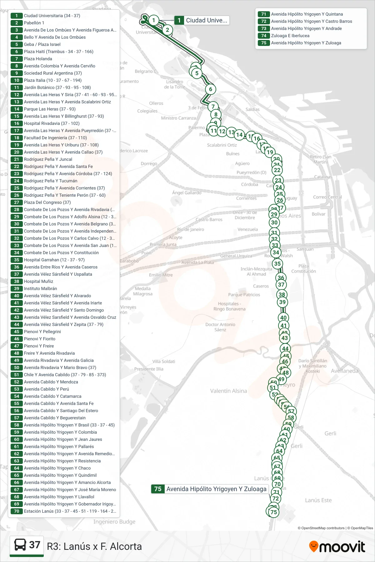 37 Colectivo Line (R3: Lanús x F. Alcorta) route and stops on a map