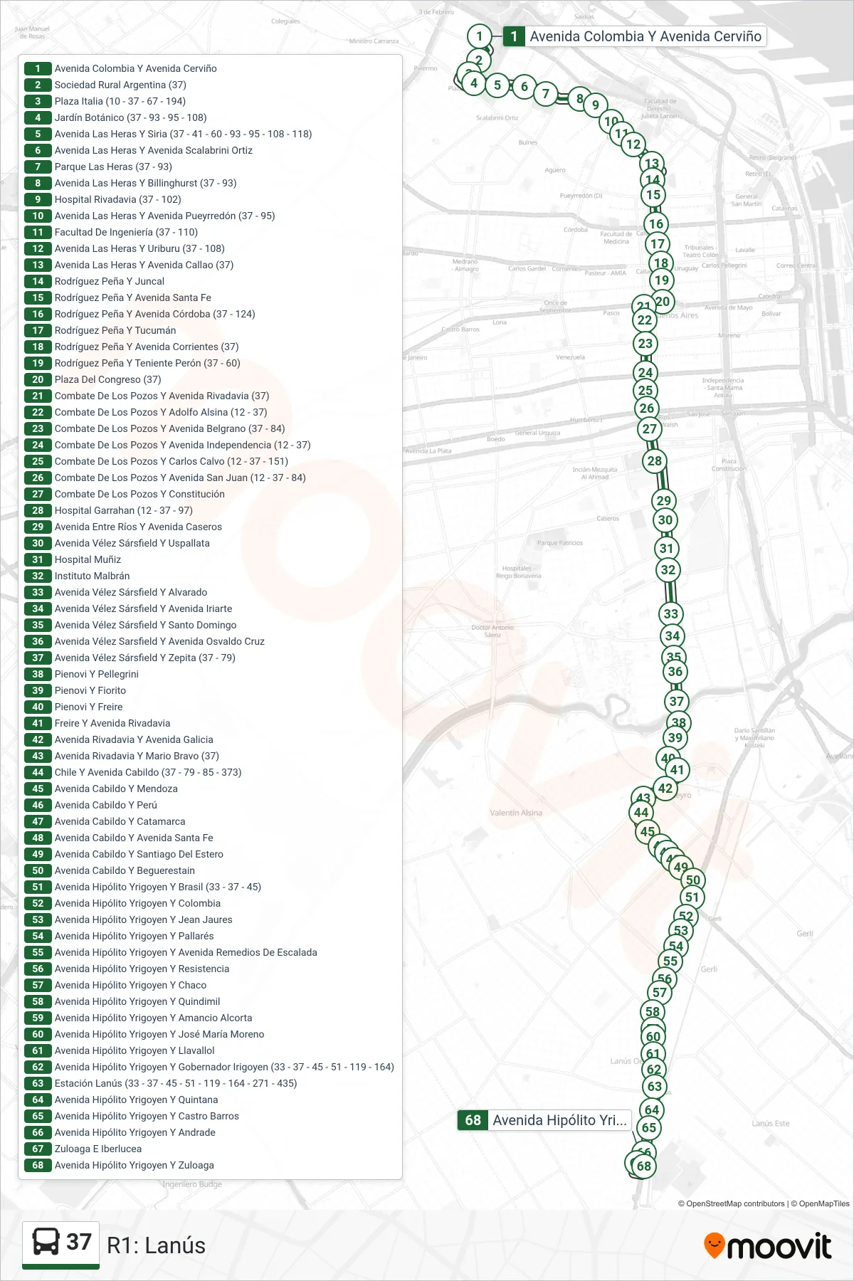 37 Colectivo Line (R1: Lanús) route and stops on a map