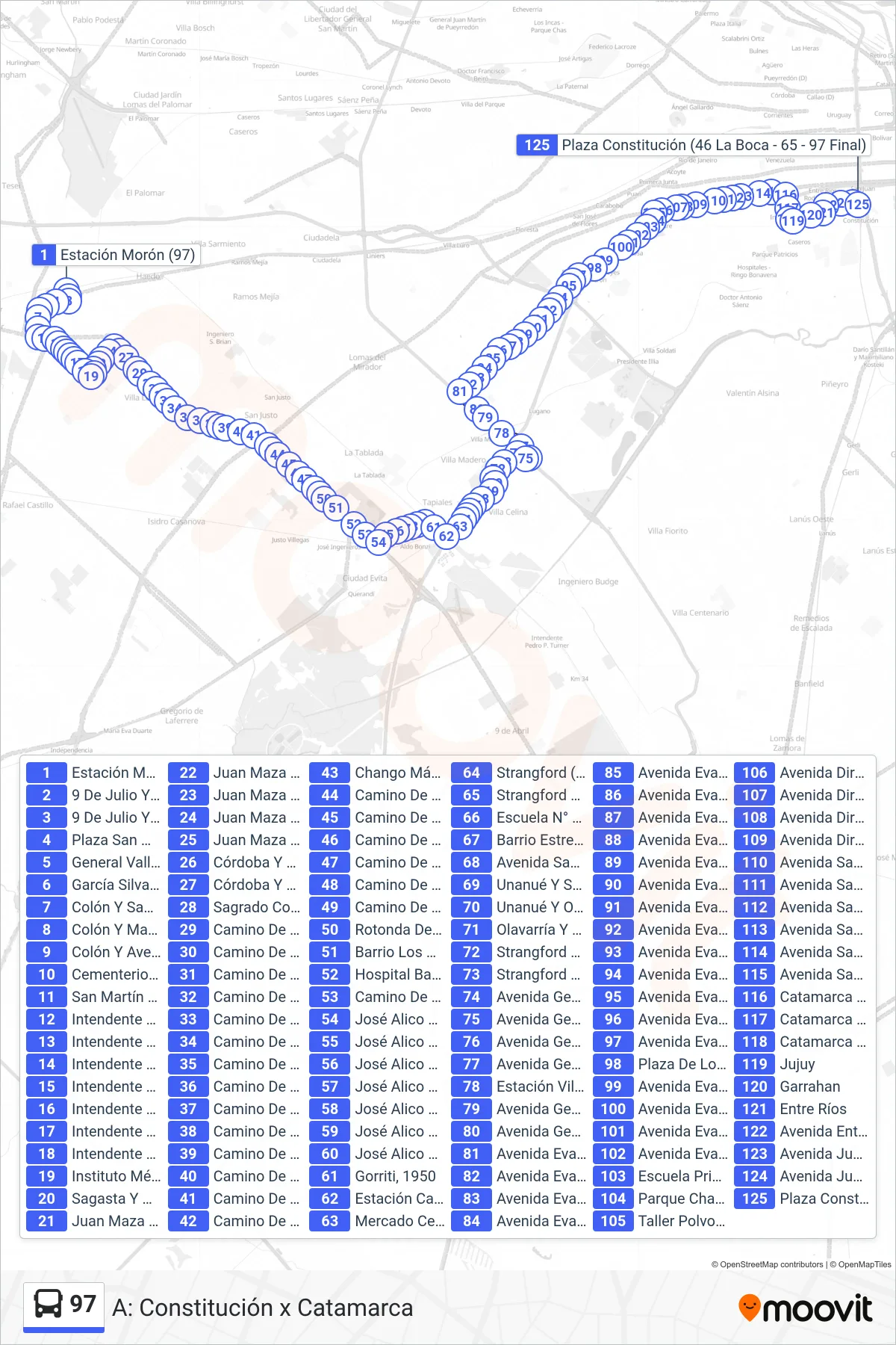 97 bus Line (A: Constitución x Catamarca) route and stops on a map
