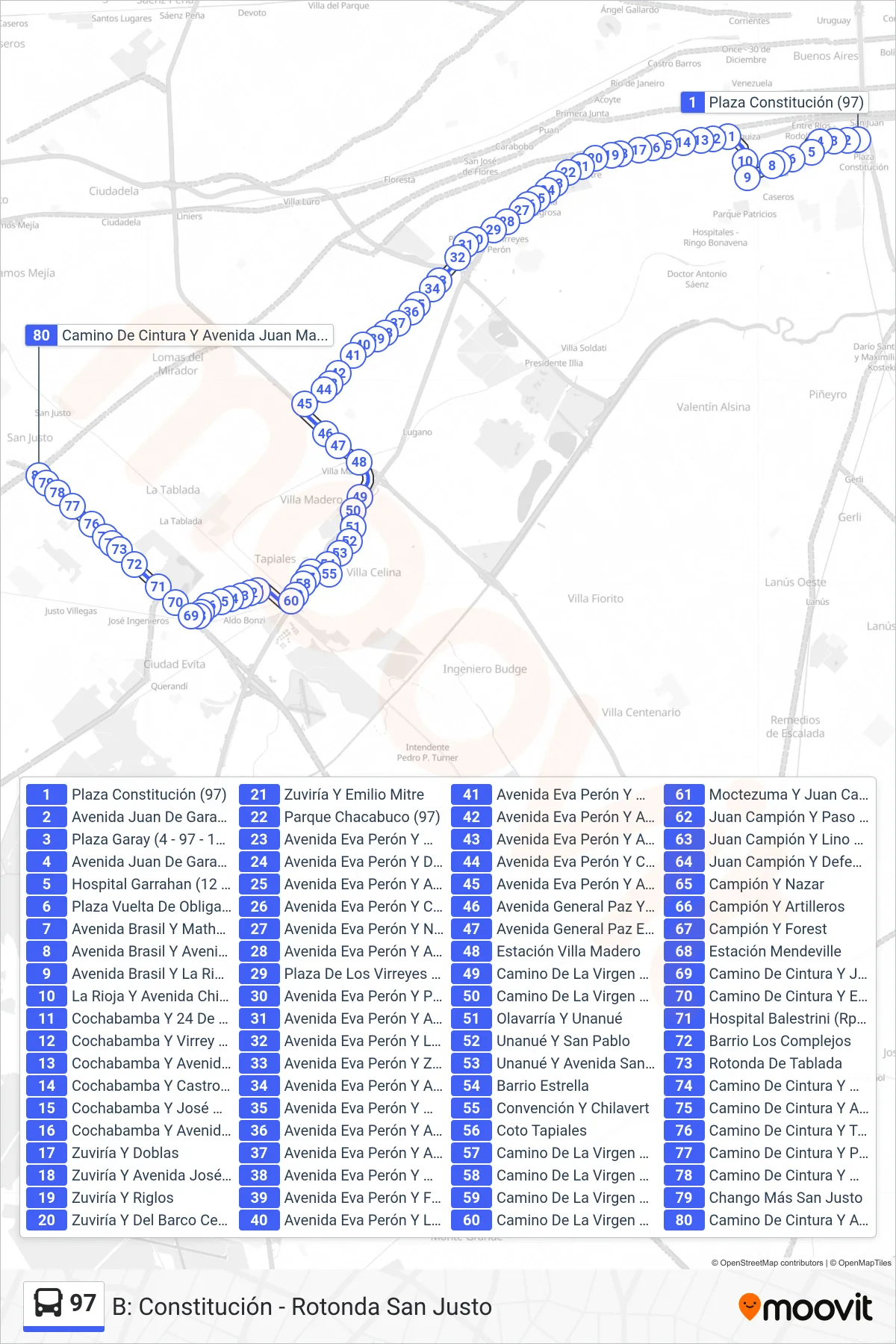 97 Colectivo Line (B: Constitución - Rotonda San Justo) route and stops on a map