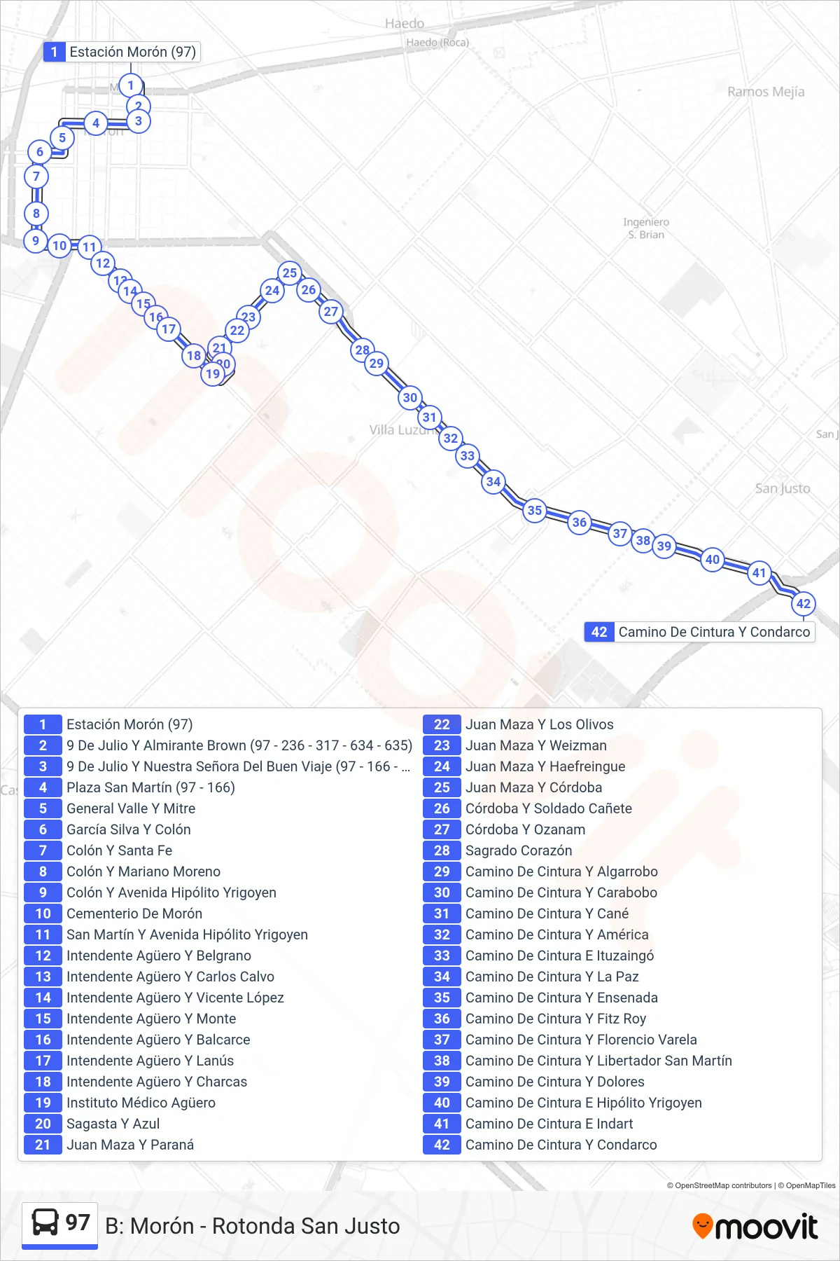 97 Colectivo Line (B: Morón - Rotonda San Justo) route and stops on a map
