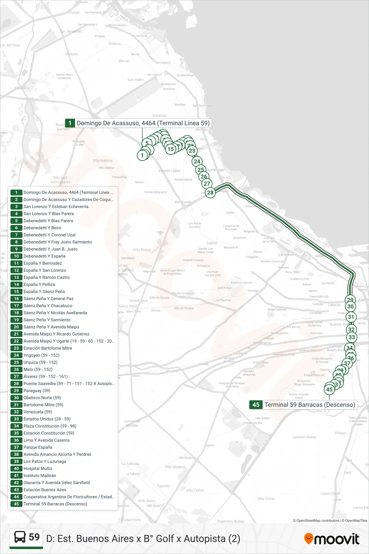 59 Colectivo Line (D: Est. Buenos Aires x B° Golf x Autopista (2)) route and stops on a map