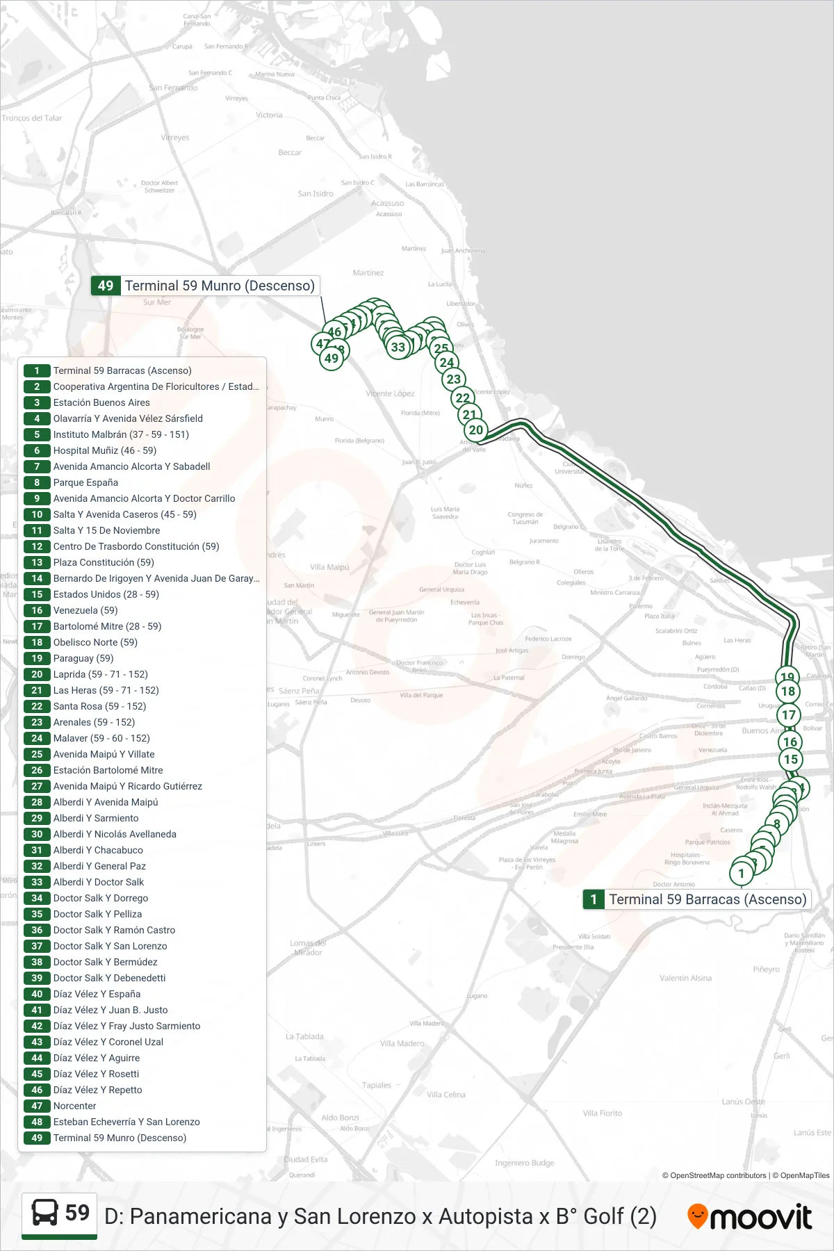 59 bus Line (D: Panamericana y San Lorenzo x Autopista x B° Golf (2)) route and stops on a map