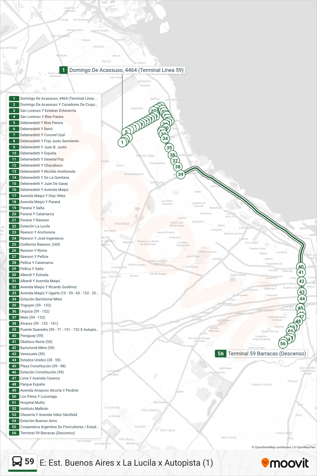 59 bus Line (E: Est. Buenos Aires x La Lucila x Autopista (1)) route and stops on a map