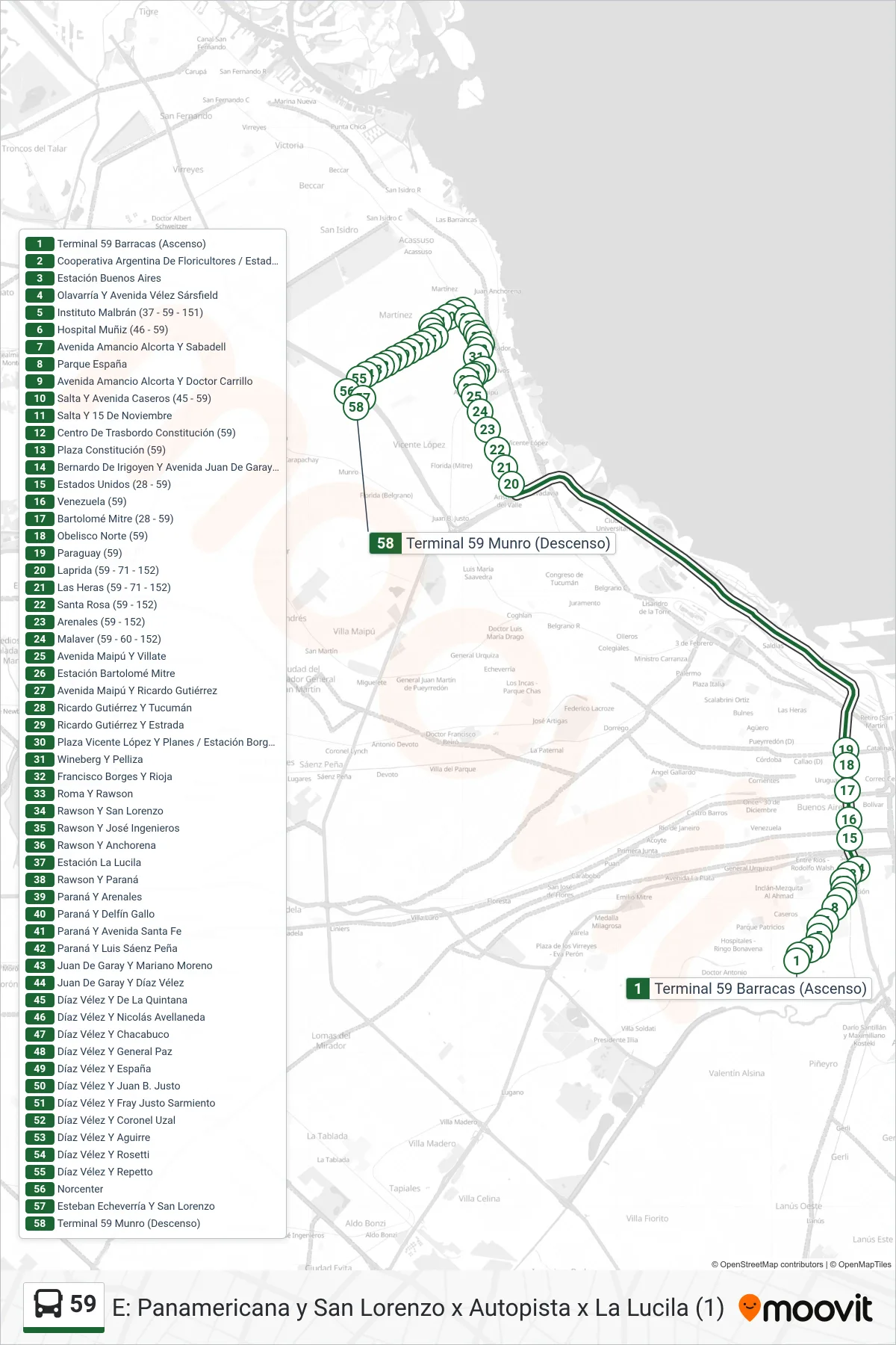 59 bus Line (E: Panamericana y San Lorenzo x Autopista x La Lucila (1)) route and stops on a map