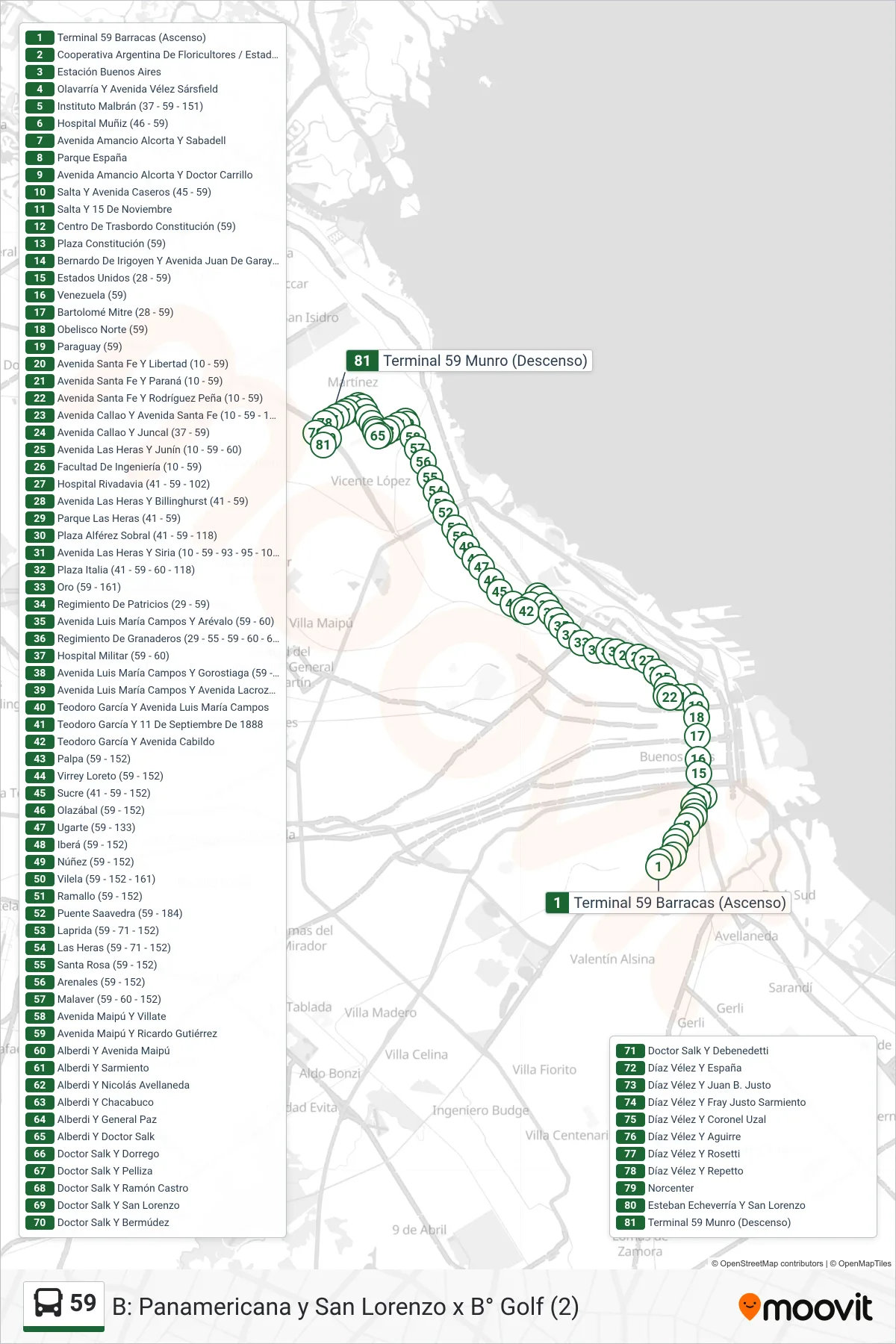 59 Colectivo Line (B: Panamericana y San Lorenzo x B° Golf (2)) route and stops on a map