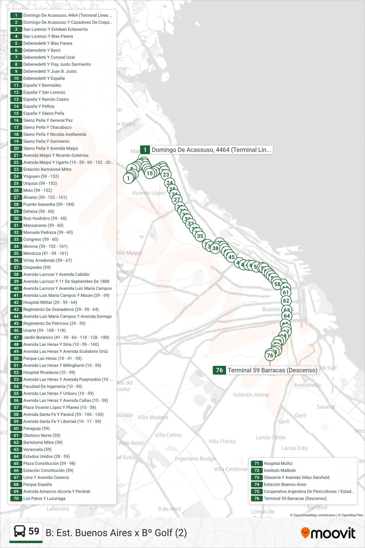 59 Colectivo Line (B: Est. Buenos Aires x Bº Golf (2)) route and stops on a map