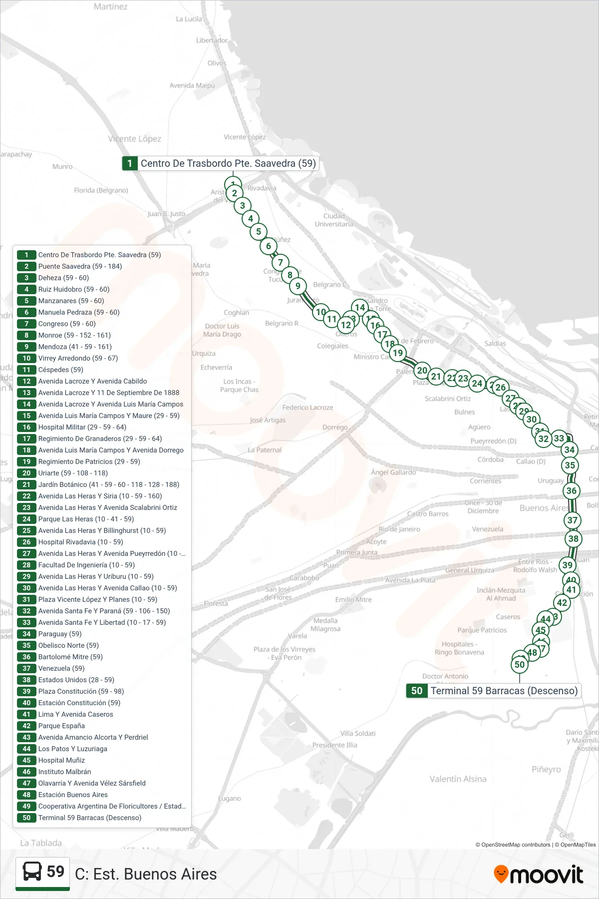 59 bus Line (C: Est. Buenos Aires) route and stops on a map