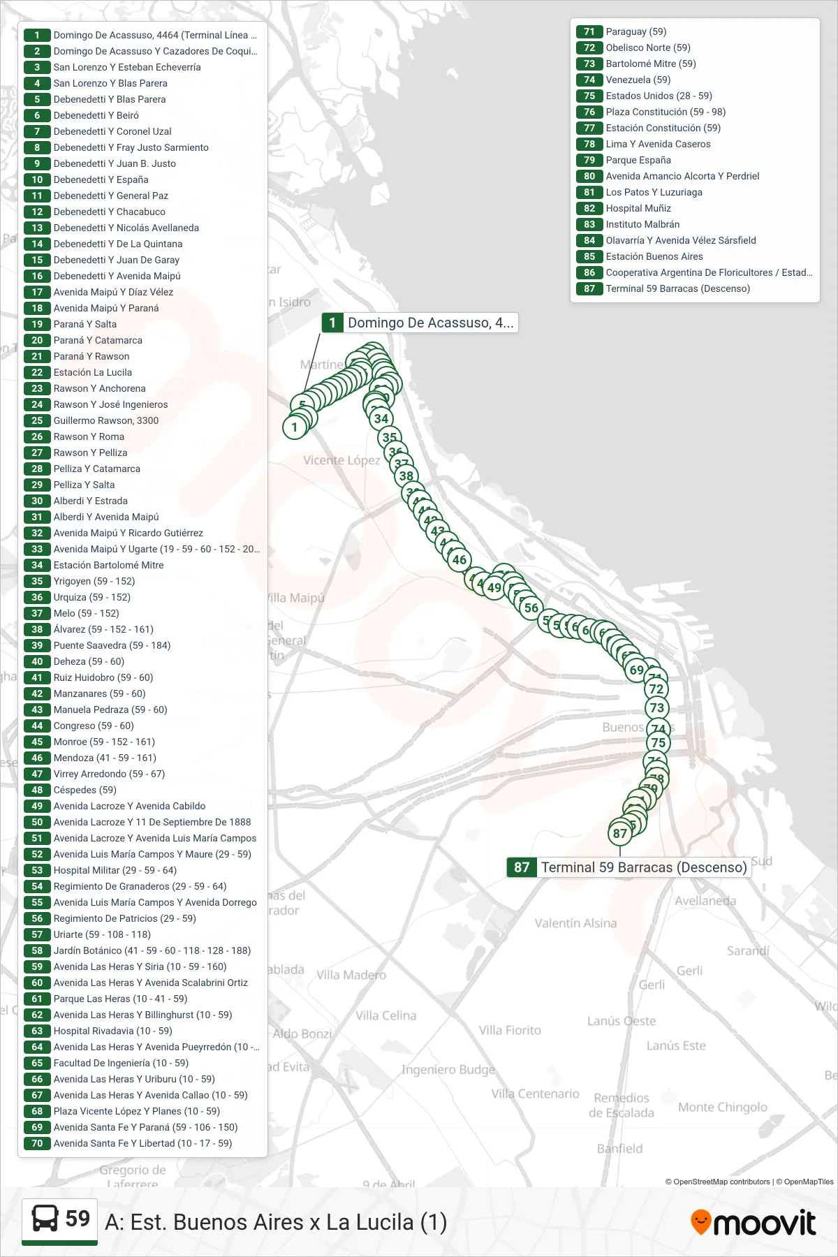 59 Colectivo Line (A: Est. Buenos Aires x La Lucila (1)) route and stops on a map