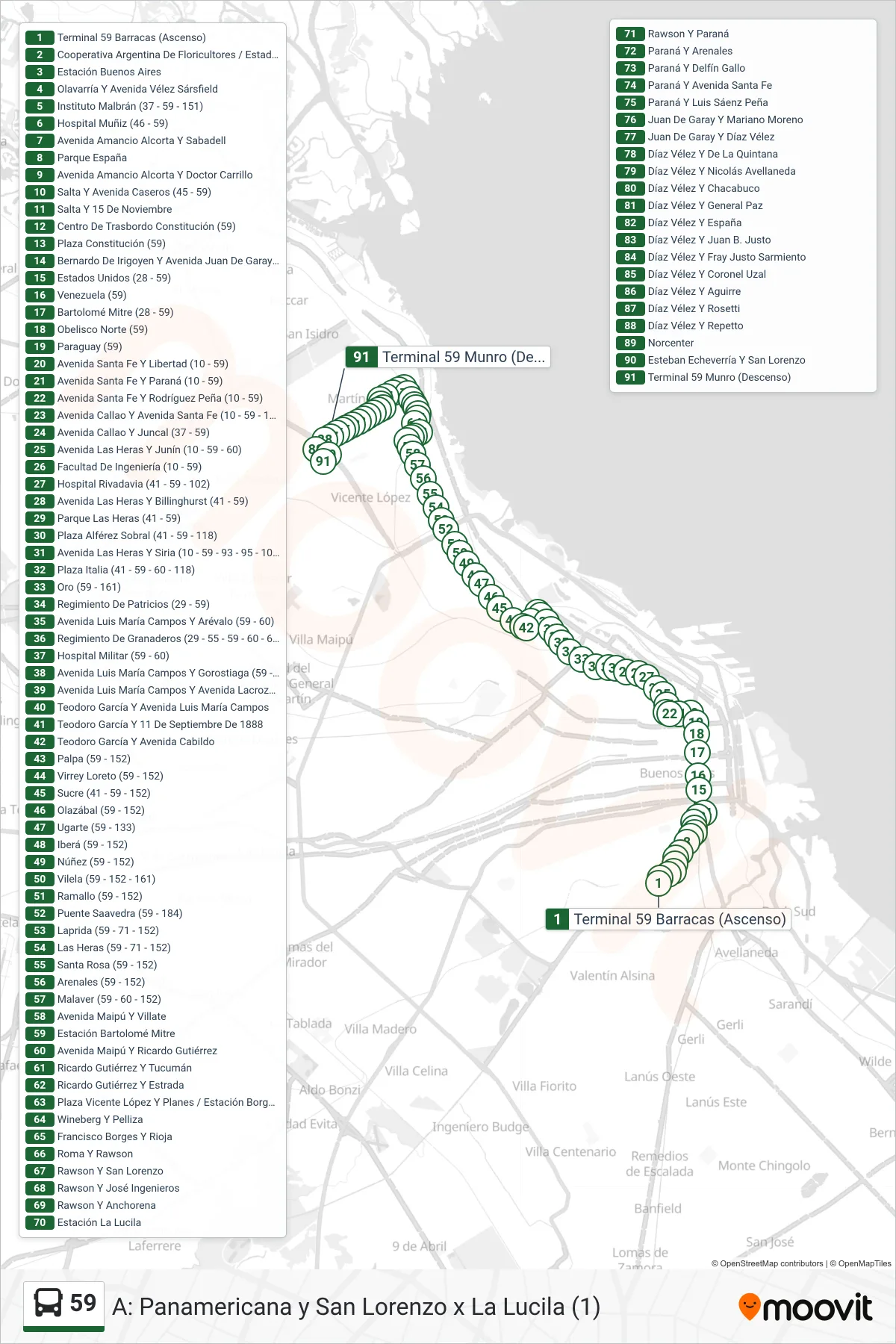 59 bus Line (A: Panamericana y San Lorenzo x La Lucila (1)) route and stops on a map
