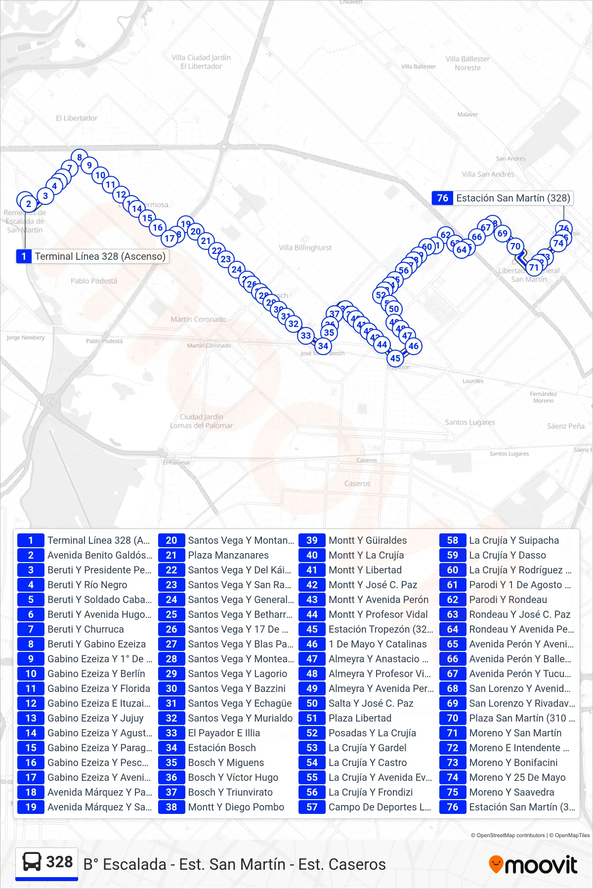 328 Colectivo Line (B: Est. San Martín x Santos Vega) route and stops on a map