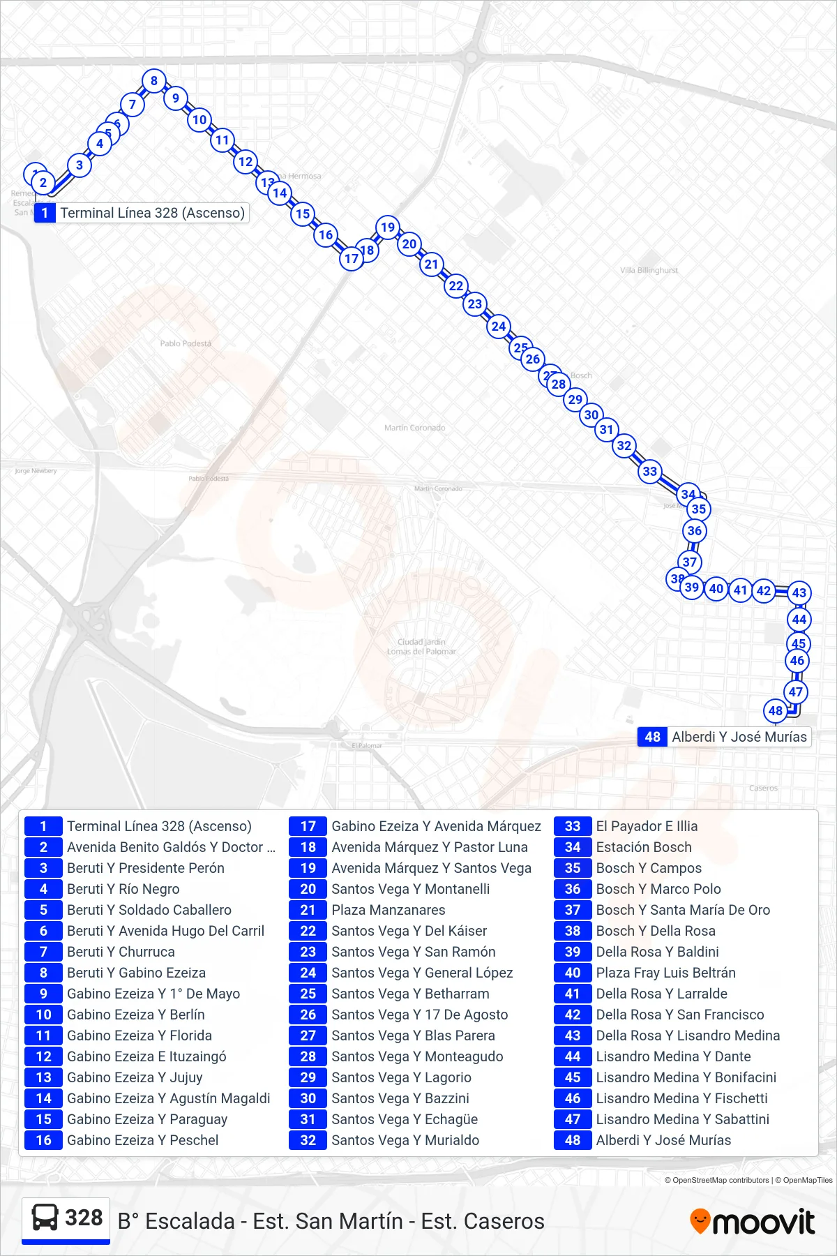 328 bus Line (BC: Est. Caseros x Gabino Ezeiza) route and stops on a map