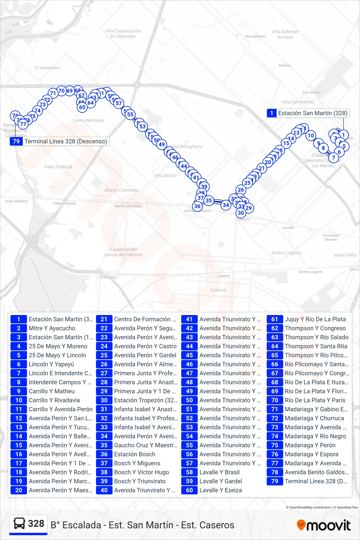 328 bus Line (A: B° Escalada x Triunvirato) route and stops on a map