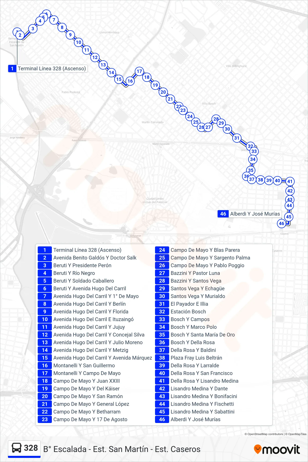 328 Colectivo Line (C: Est. Caseros x Campo de Mayo) route and stops on a map