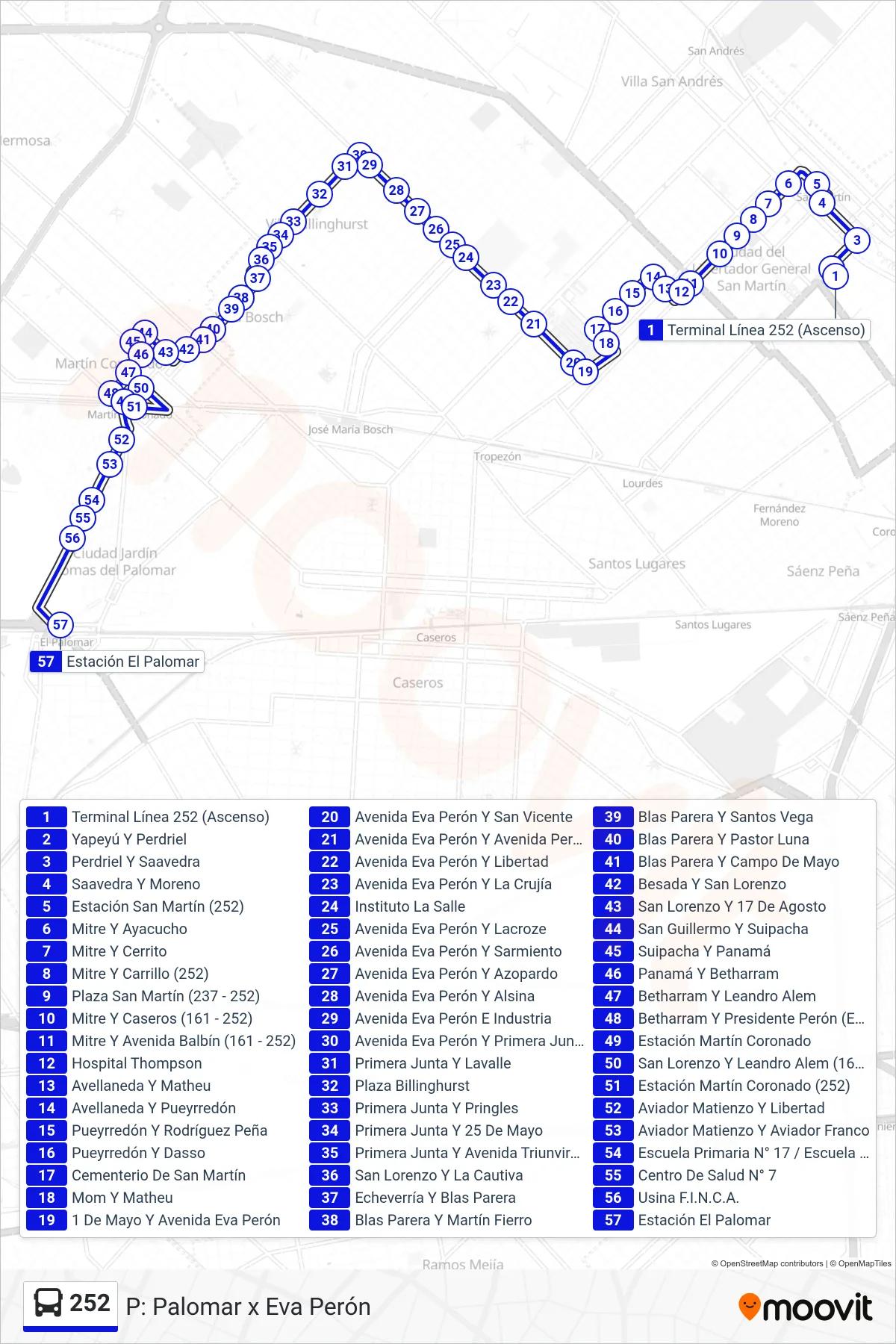 252 Colectivo Line (P: Palomar x Eva Perón) route and stops on a map