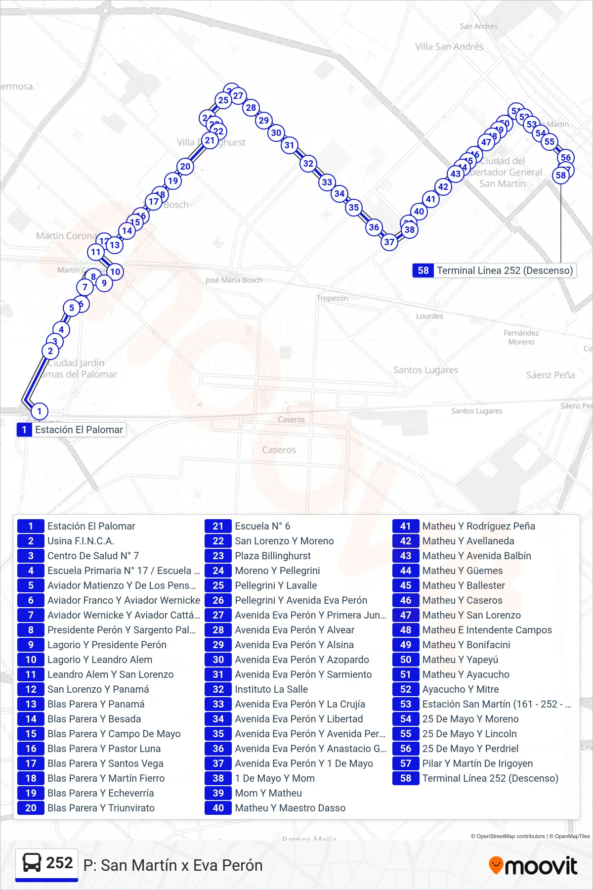 252 Colectivo Line (P: San Martín x Eva Perón) route and stops on a map
