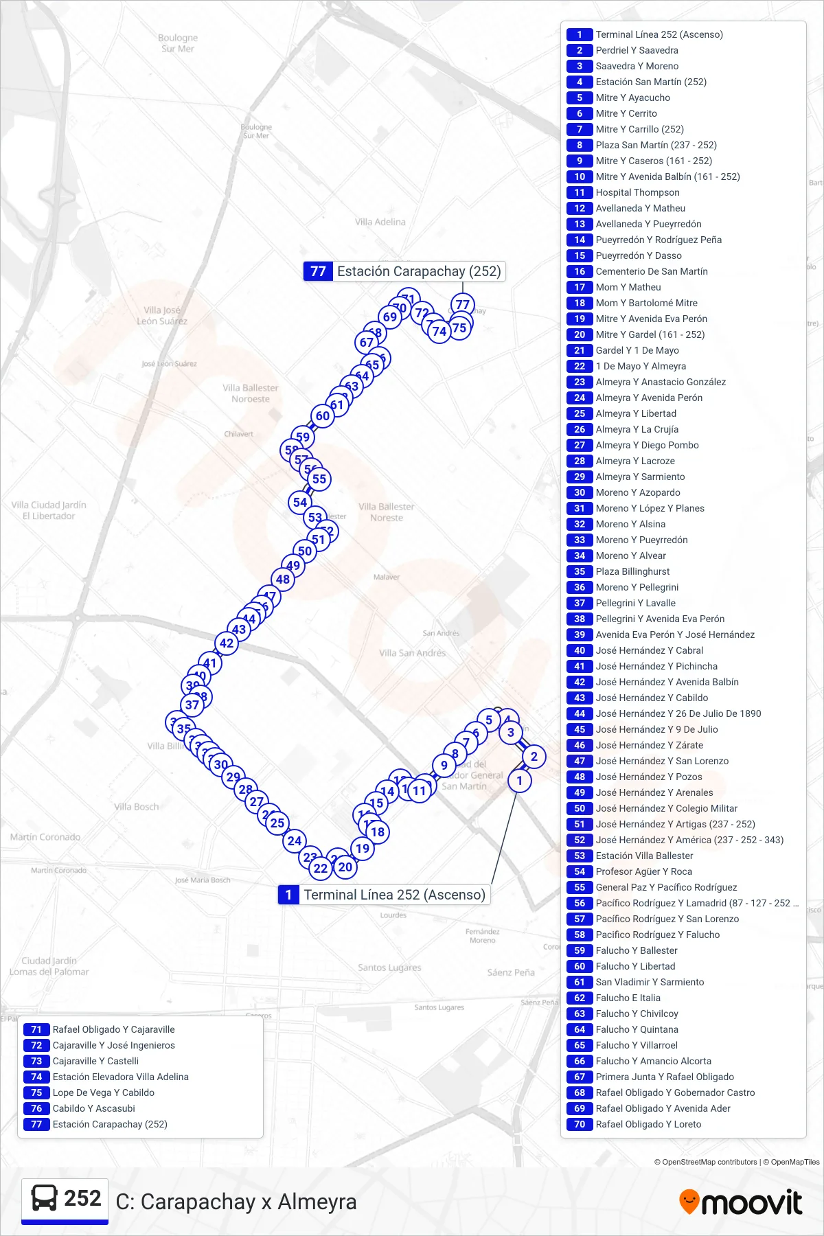 252 Colectivo Line (C: Carapachay x Almeyra) route and stops on a map
