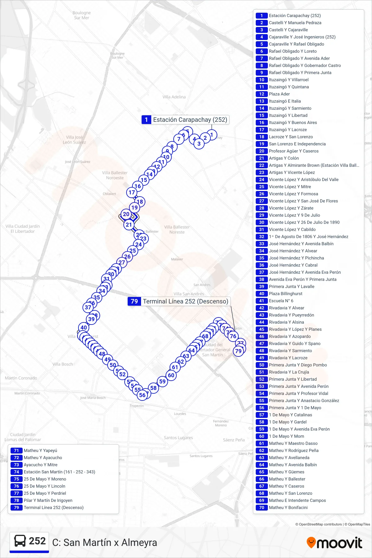 252 bus Line (C: San Martín x Almeyra) route and stops on a map