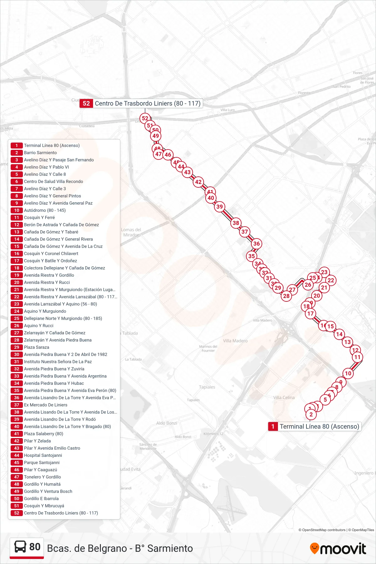 80 bus Line (D: Liniers x Piedrabuena) route and stops on a map