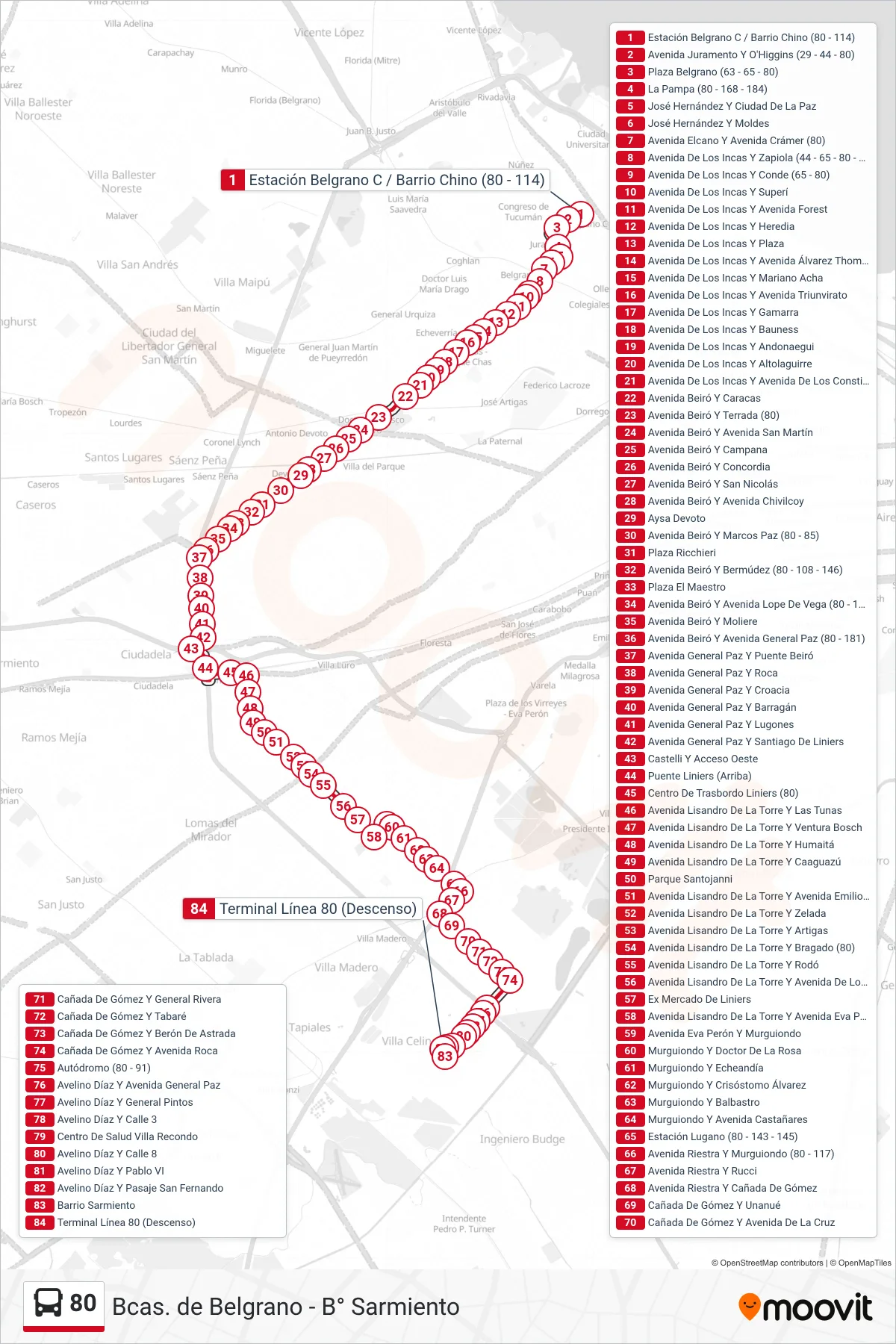 80 Colectivo Line (A: B° Sarmiento x Murguiondo) route and stops on a map