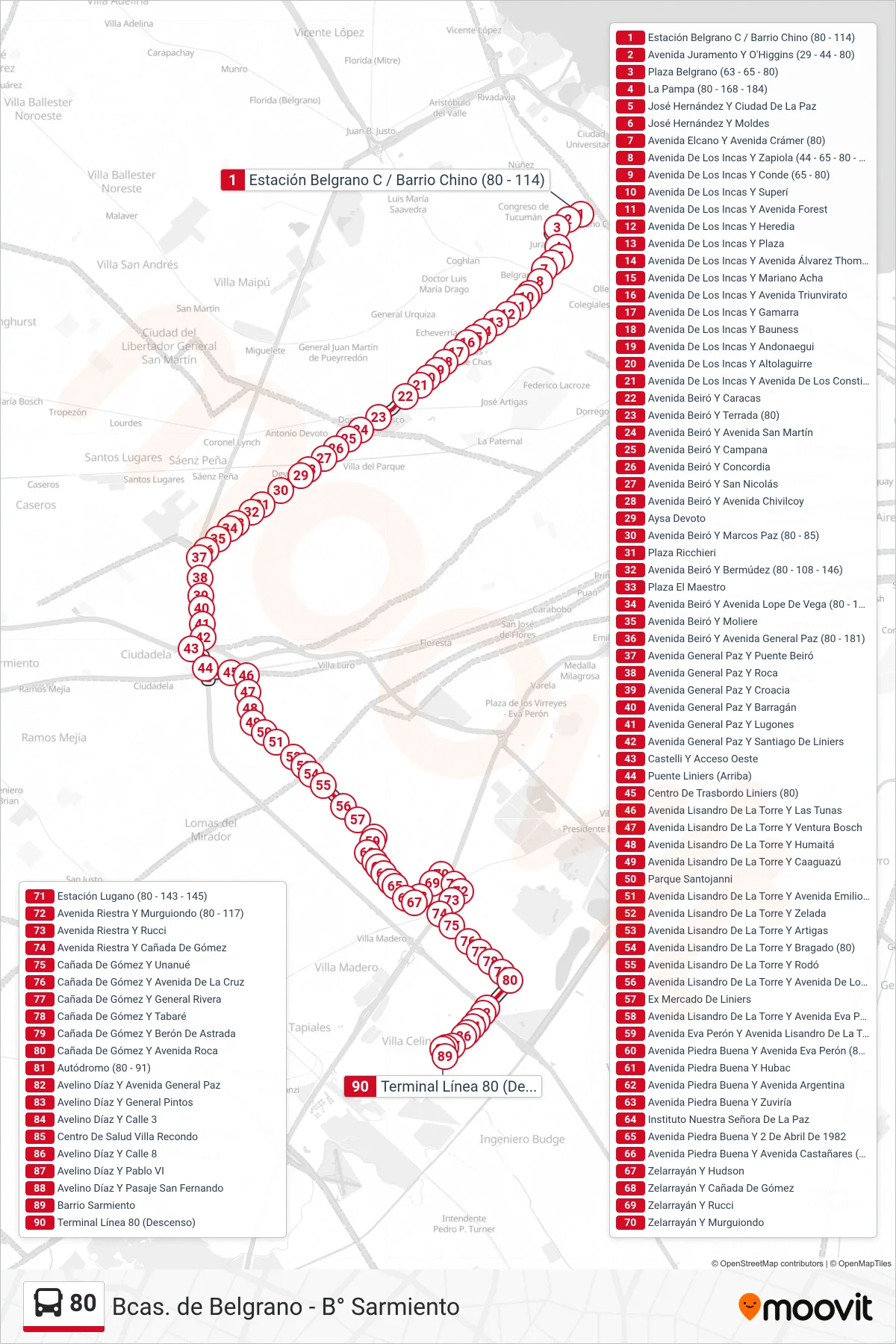 80 bus Line (B: B° Sarmiento x Piedrabuena) route and stops on a map