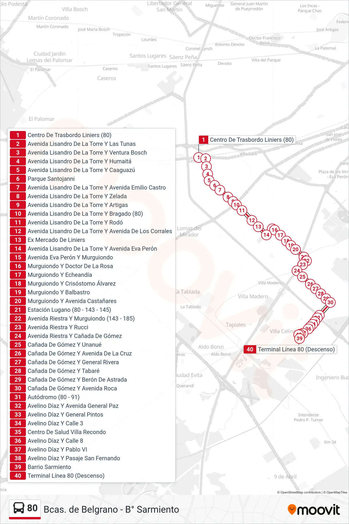80 Colectivo Line (C: B° Sarmiento x Murguiondo) route and stops on a map