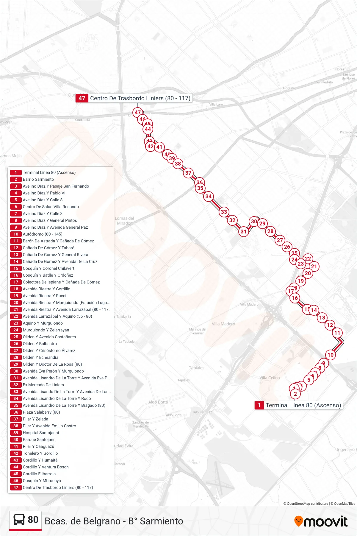 80 bus Line (C: Liniers x Murguiondo) route and stops on a map