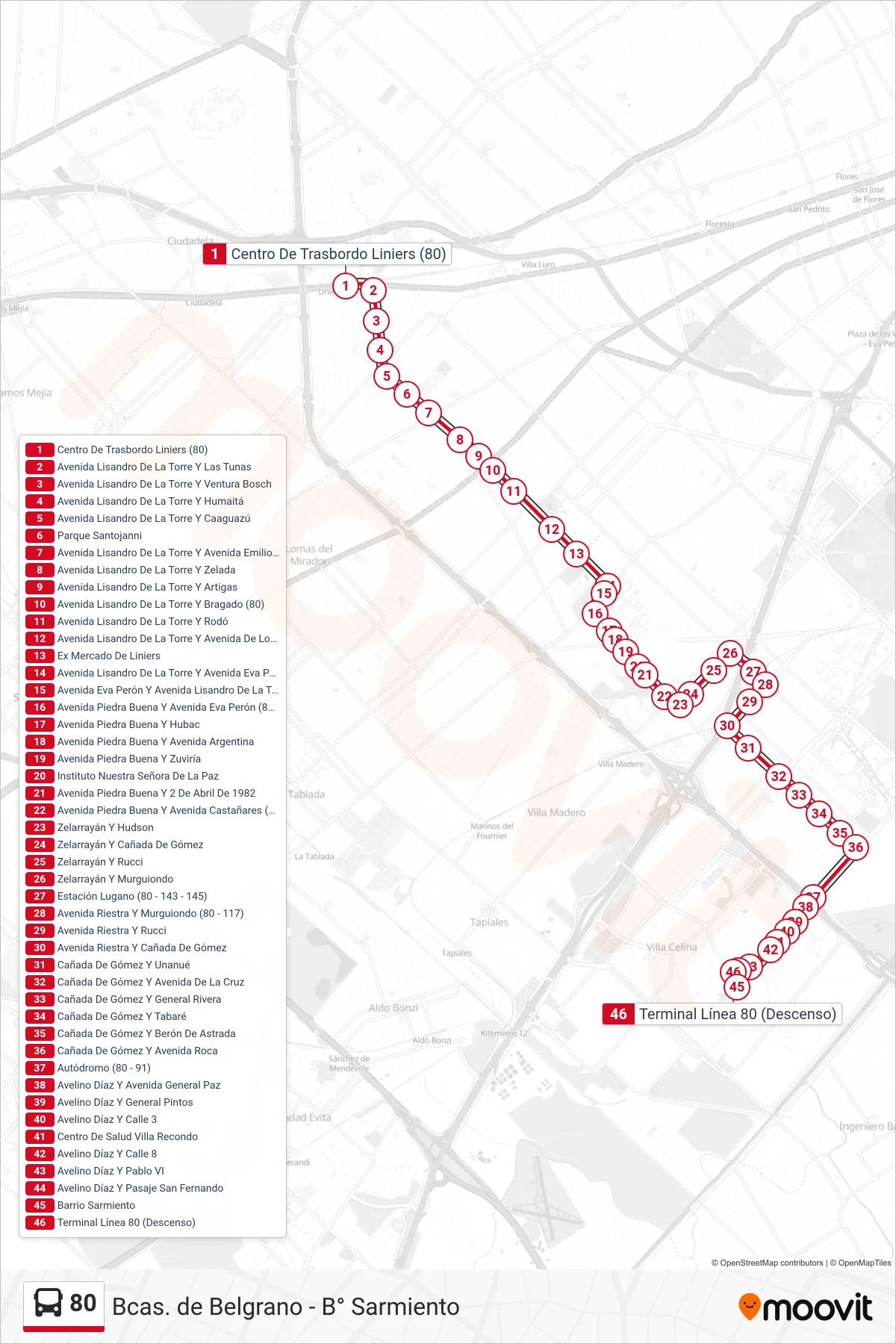 80 bus Line (D: B° Sarmiento x Piedrabuena) route and stops on a map