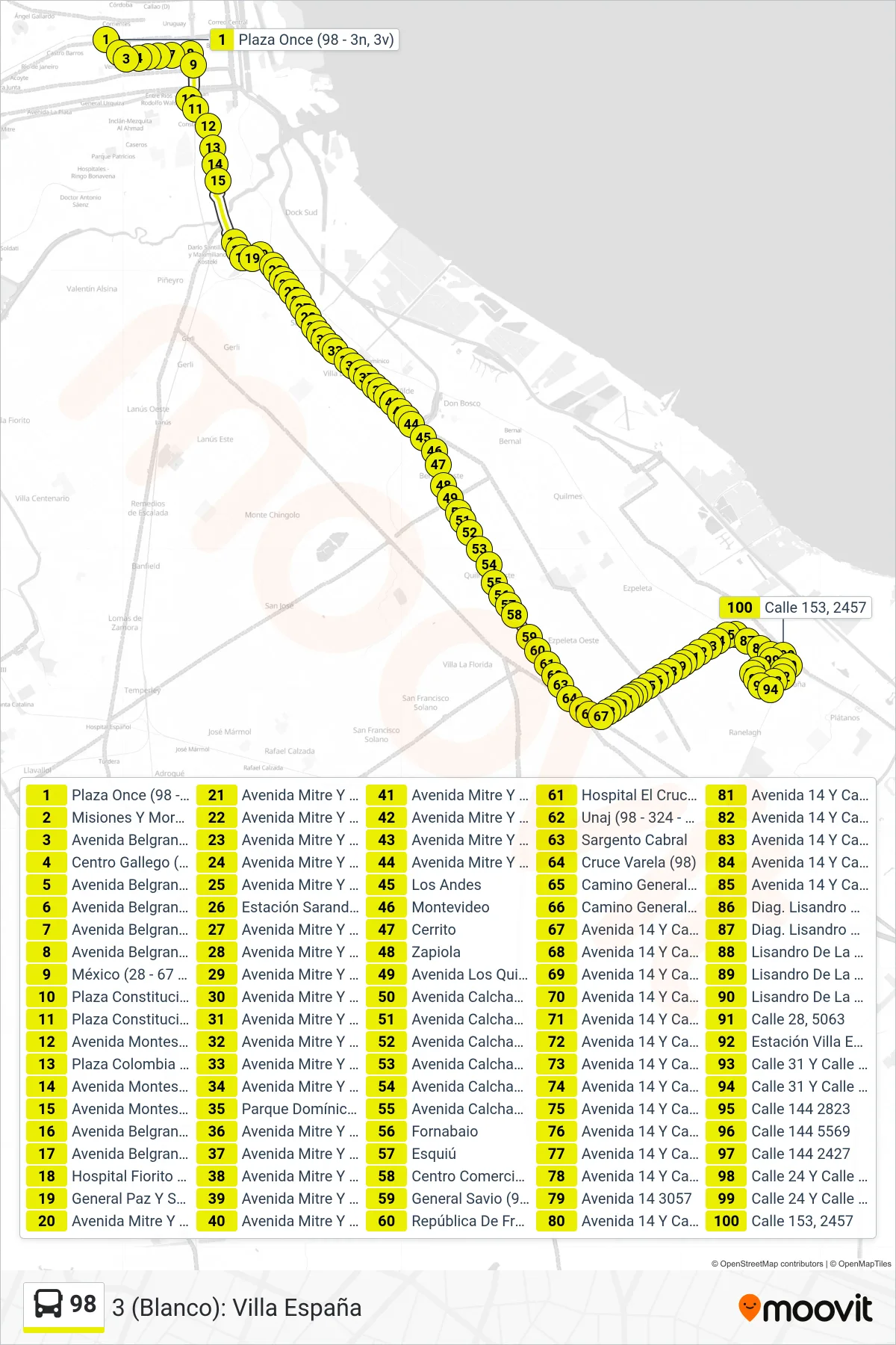 98 Colectivo Line (3 (Blanco): Villa España) route and stops on a map