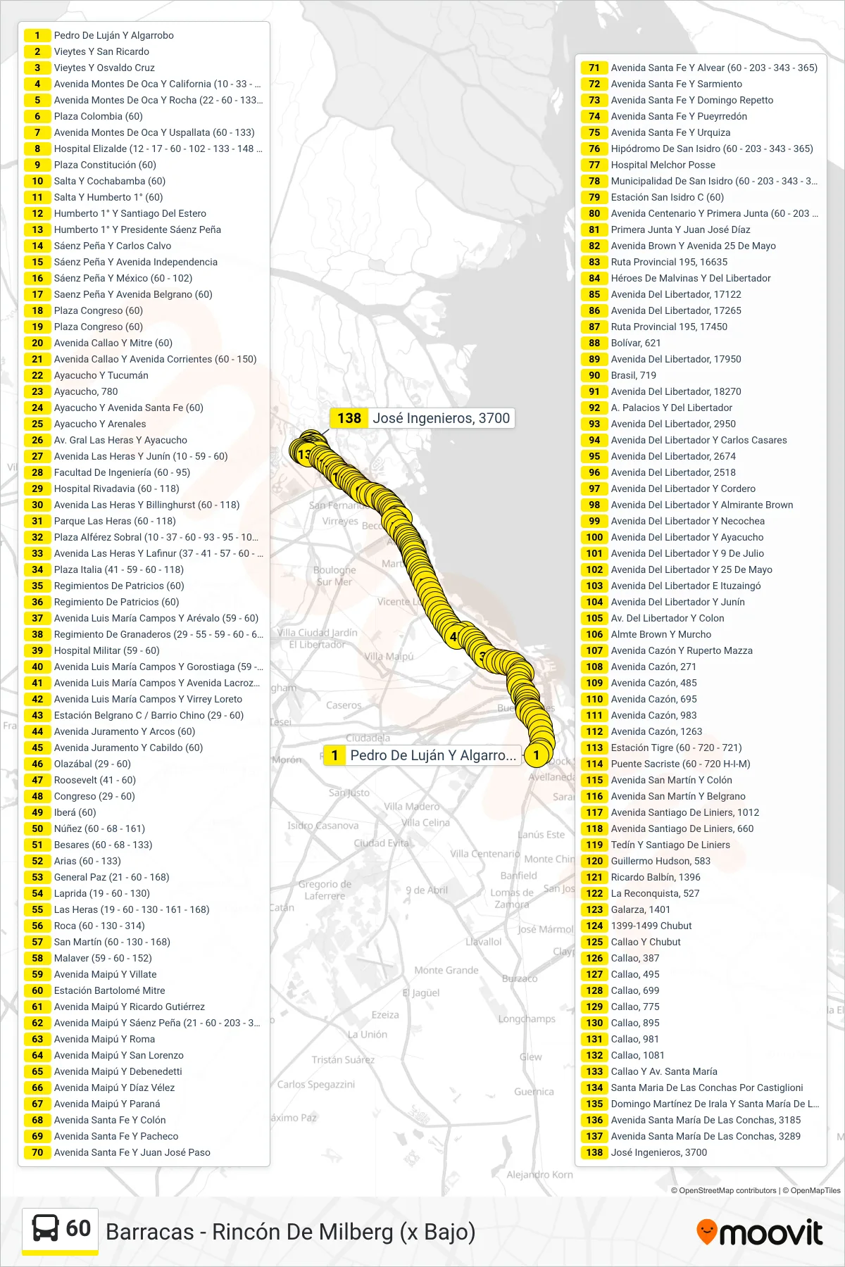 60 Colectivo Line (Barracas - Rincón De Milberg (x Bajo)) route and stops on a map