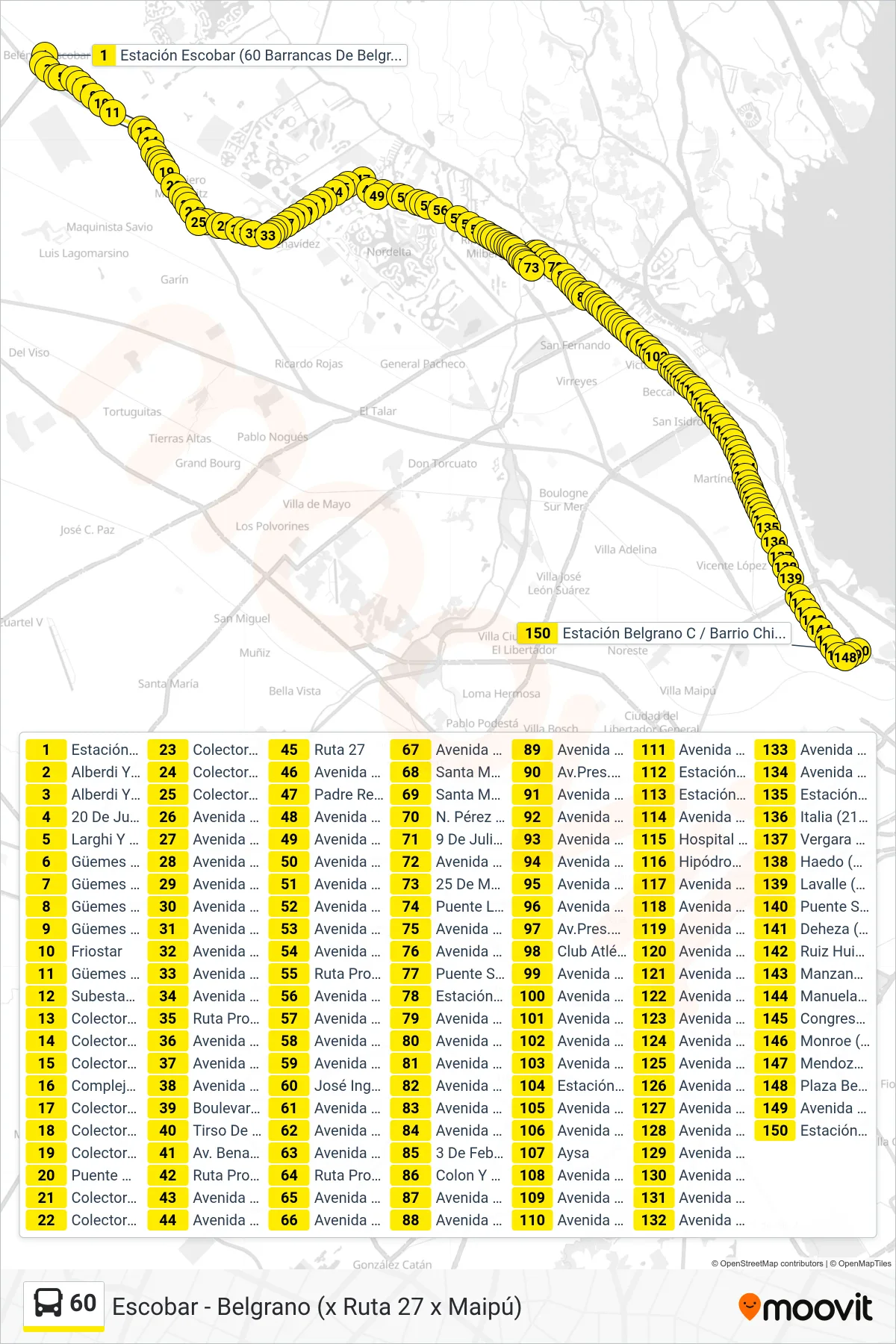 60 Colectivo Line (Escobar - Belgrano (x Ruta 27 x Maipú)) route and stops on a map