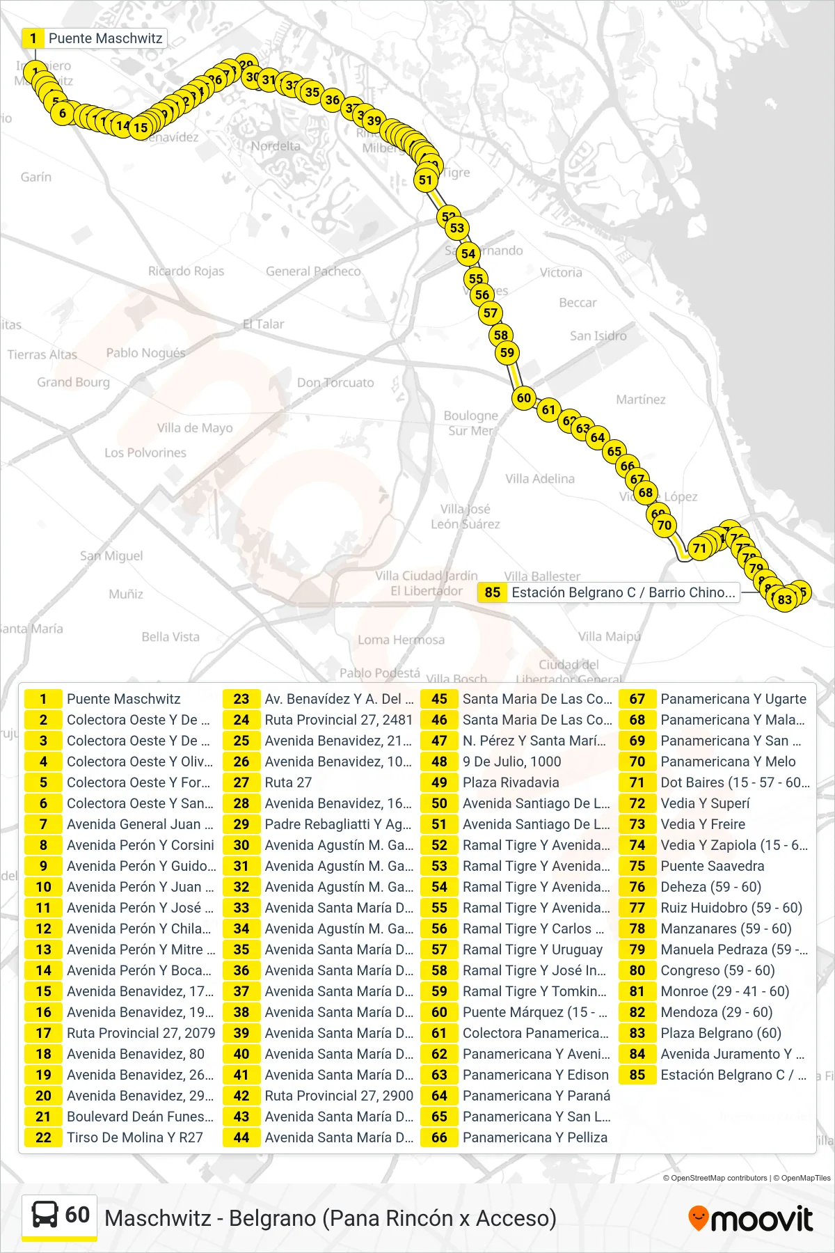 60 bus Line (Maschwitz - Belgrano (Pana Rincón x Acceso)) route and stops on a map