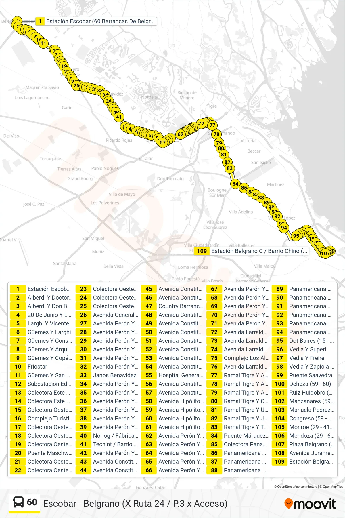 60 bus Line (Escobar - Belgrano (X Ruta 24 / P.3 x Acceso)) route and stops on a map