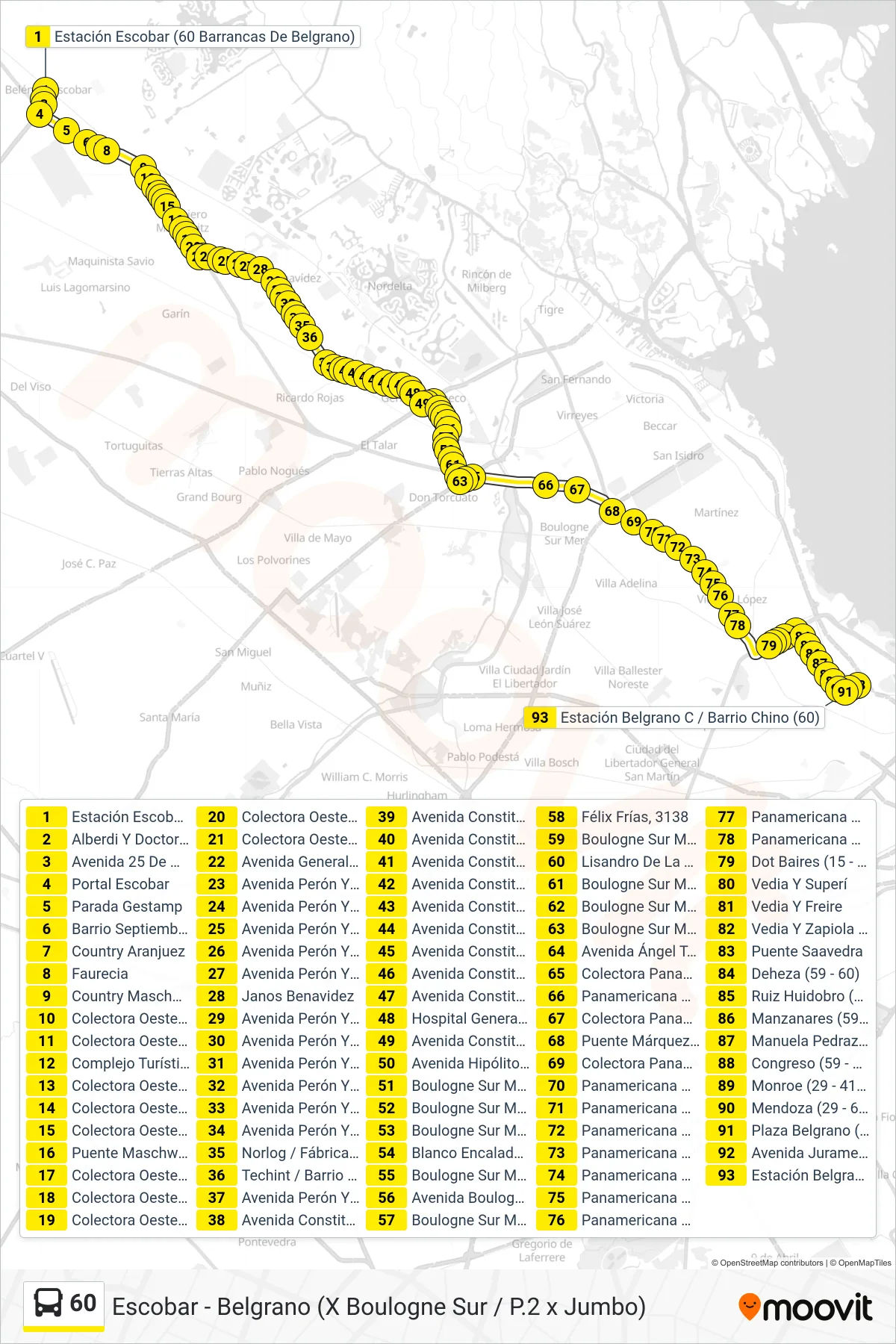 60 Colectivo Line (Escobar - Belgrano (X Boulogne Sur / P.2 x Jumbo)) route and stops on a map
