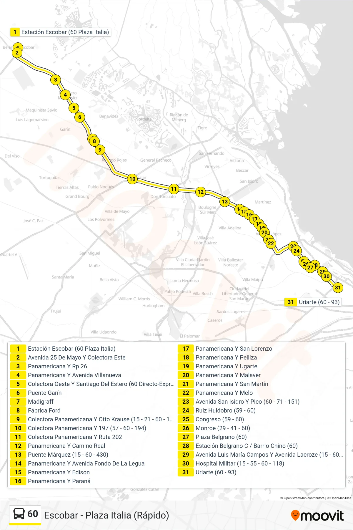 60 bus Line (Escobar - Plaza Italia (Rápido)) route and stops on a map