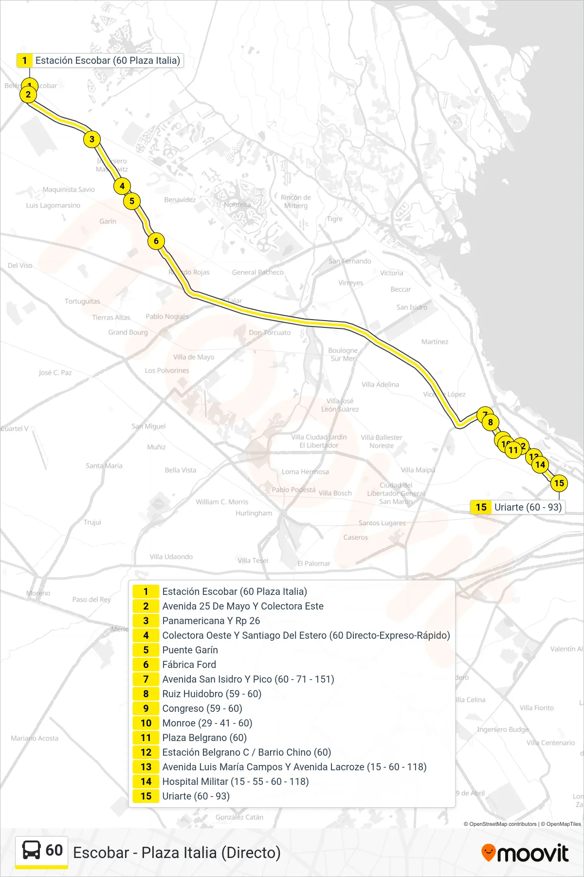 60 Colectivo Line (Escobar - Plaza Italia (Directo)) route and stops on a map