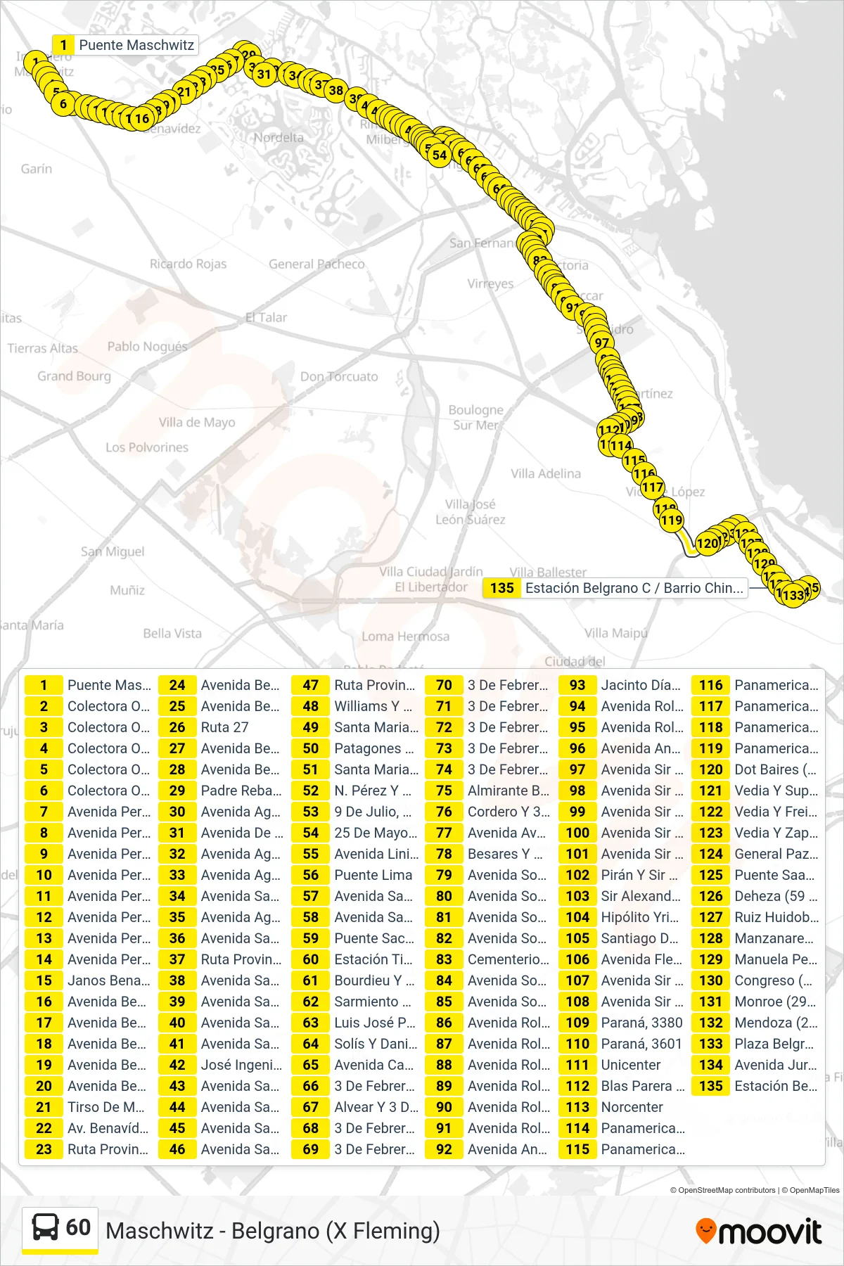 60 bus Line (Maschwitz - Belgrano (X Fleming)) route and stops on a map