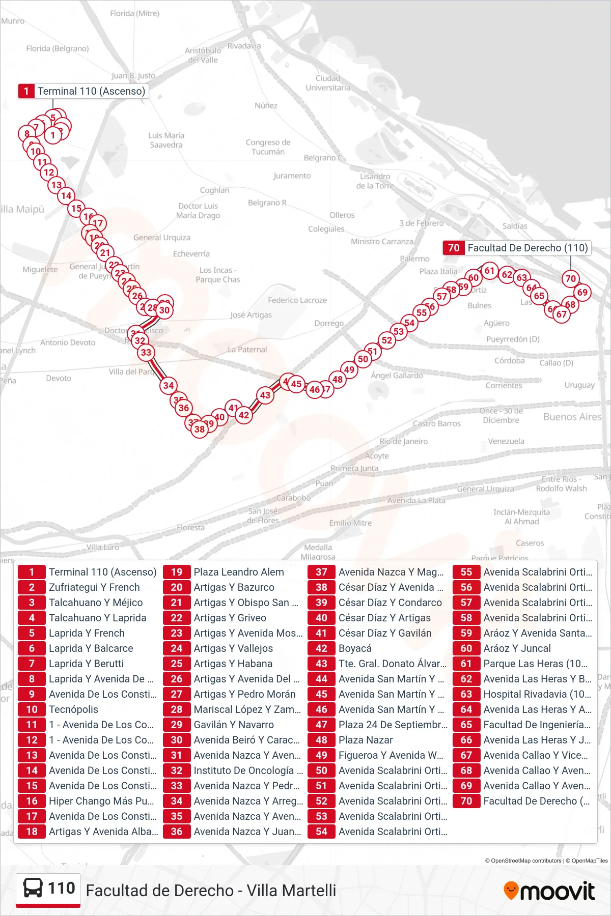 110 Colectivo Line (2: Facultad de Derecho x Artigas (Cartel Verde)) route and stops on a map