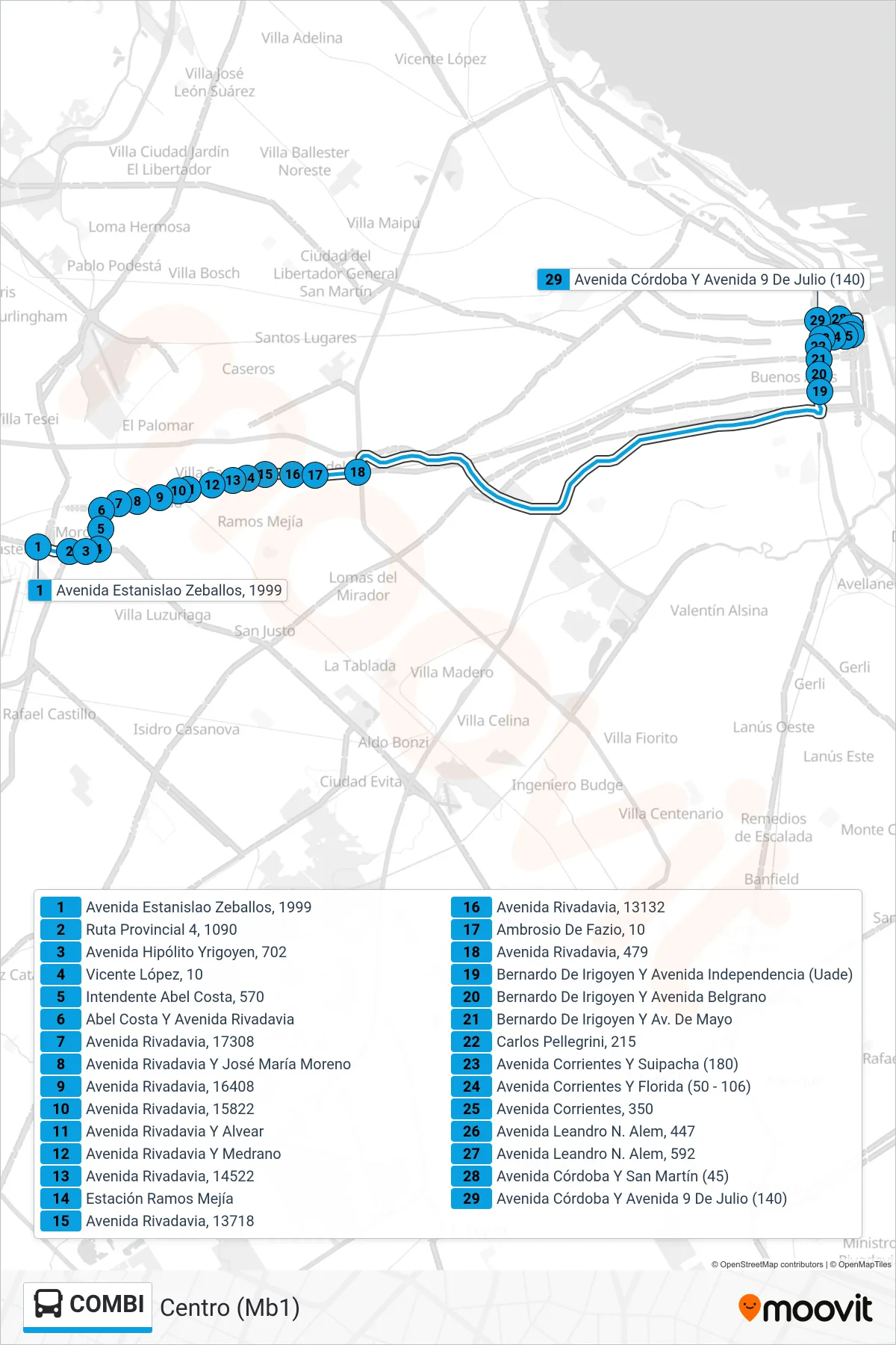 COMBI Colectivo Line (Centro (Mb1)) route and stops on a map